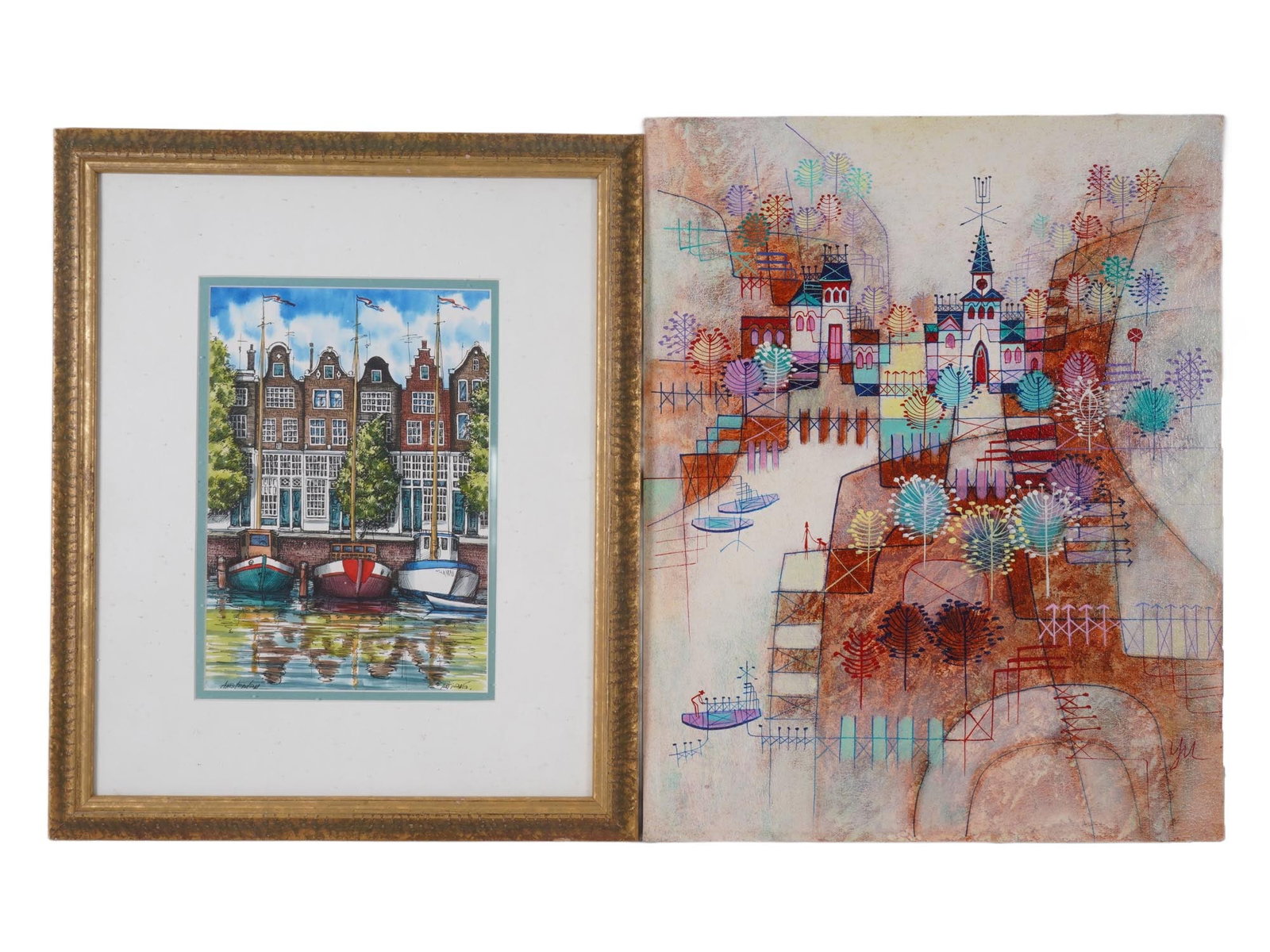 LOT OF TWO CITYSCAPE MIXED MEDIA PAINTINGS: A lot of two cityscape mixed media paintings. The first is by Heshi Yu is a Chinese-American contemporary artist born in 1935 in Shandong, China. Known for bridging traditional Chinese techniques with