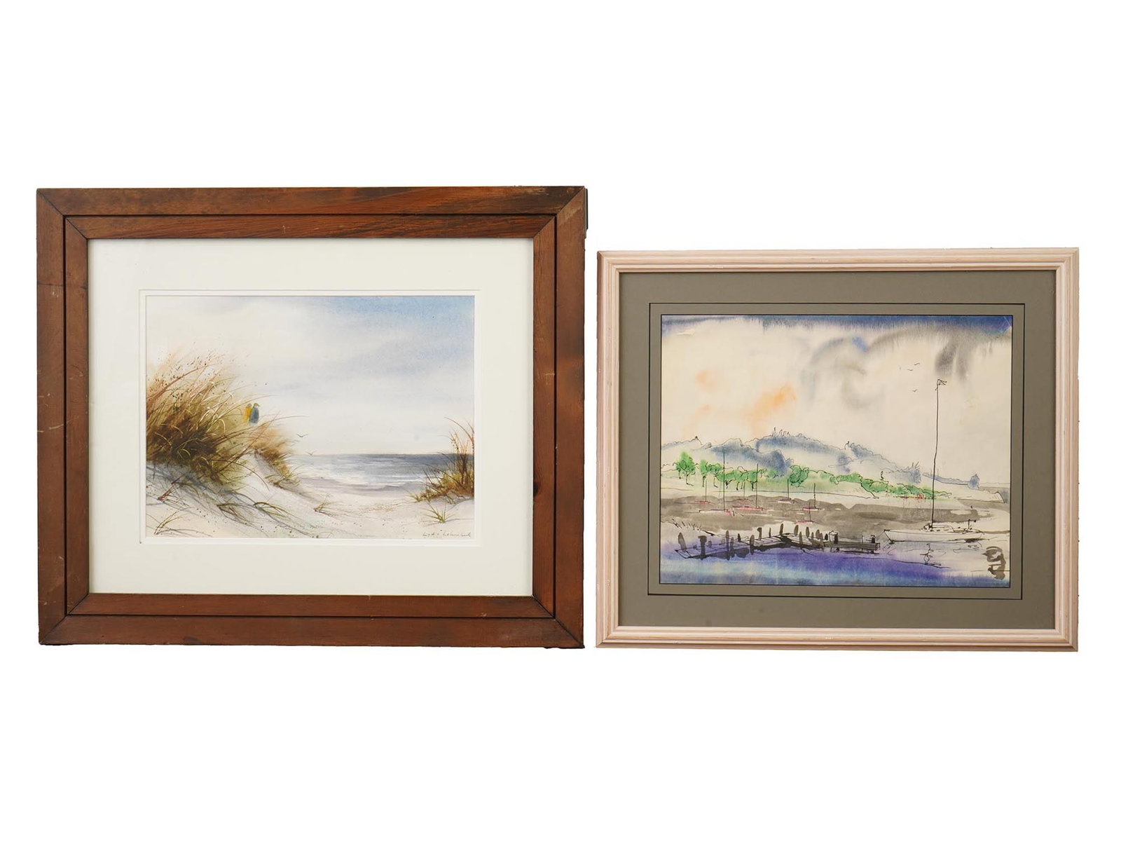 LOT OF TWO WATERCOLOR LANDSCAPE PAINTINGS: A lot of two watercolor landscape paintings on paper. The first one features sand dunes, a sea and a couple of people. Signed lower right Lydia Lehmbeck. The second depicts a dock and hills under a cl