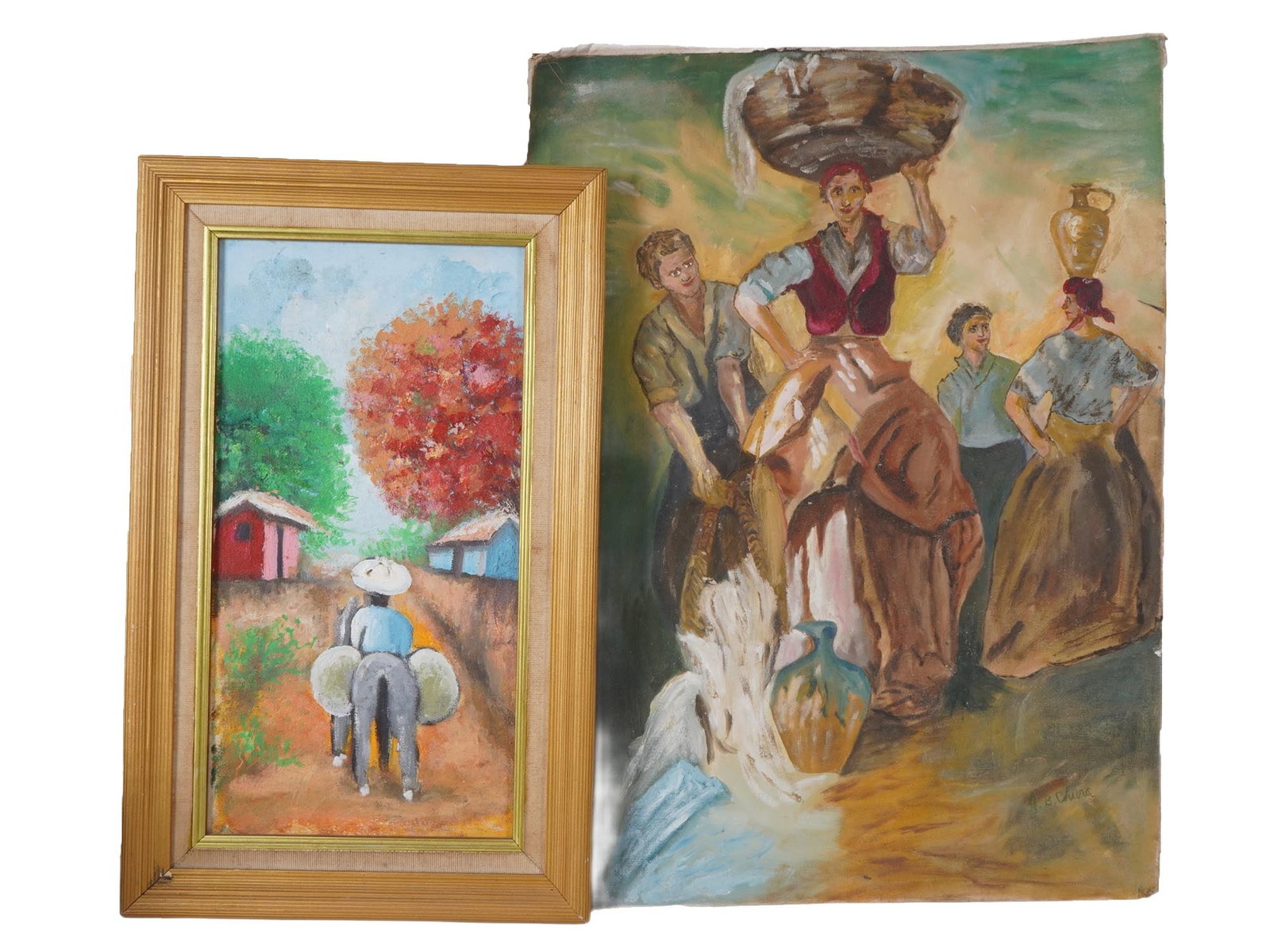 LOT OF TWO VINTAGE OIL PAINTINGS ON CANVAS: A lot of two vintage oil paintings on canvas. The first painting depicts a figure riding a donkey away from the viewer on a dirt path with two houses and colorful trees in the background. Bears a Bell