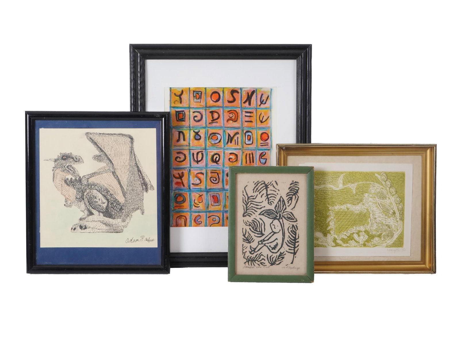 GROUP OF FOUR FRAMED MIXED MEDIA ARTWORKS: A group of four framed mixed media artworks. A sketch of a dragon, signed lower right. An abstract artwork features a colorful grid pattern with symbols against an orange background. A small artwork d