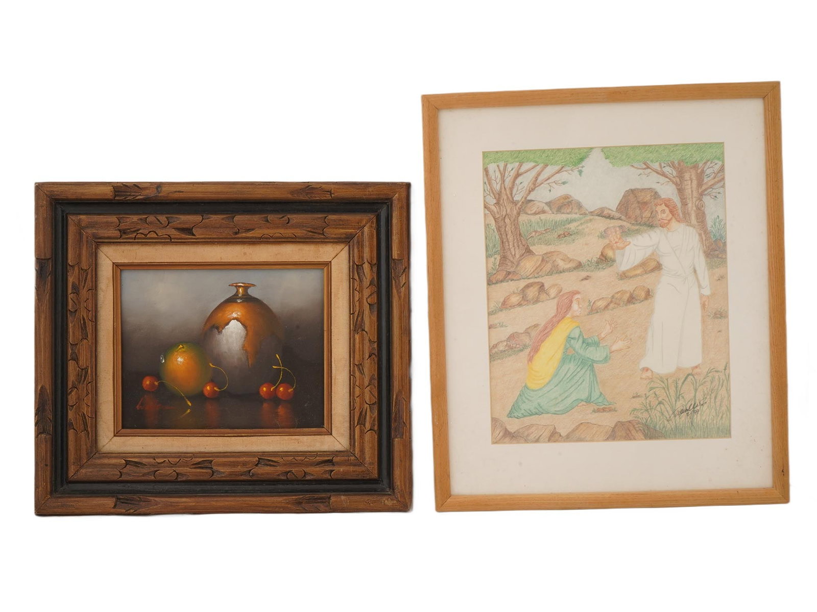 LOT OF RELIGIOUS PENCIL STILL LIFE OIL PAINTINGS SIGNED: A lot of two 20th century paintings. The first: an oil painting on canvas depicting a still life with a vase and fruits; signed by the artist, Wallace, lower left. The second: a pencil painting on pap
