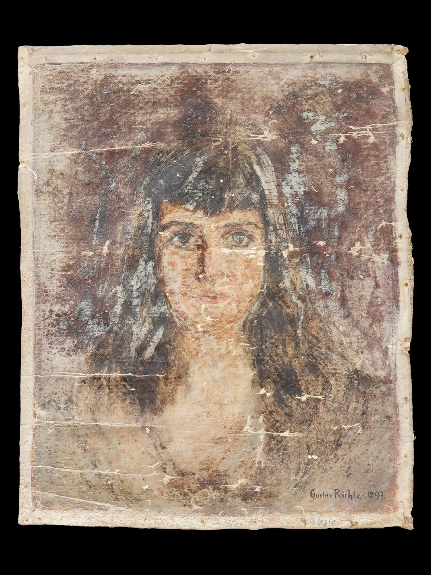 ANTIQUE GERMAN OIL PAINTING BY GUSTAV RICHTER: An antique German oil on canvas painting by Gustav Friedrich Richter, 1847 to 1915, landscape and portrait painter. The painting depicts a portrait of a young woman with long dark hair. Signed and dat