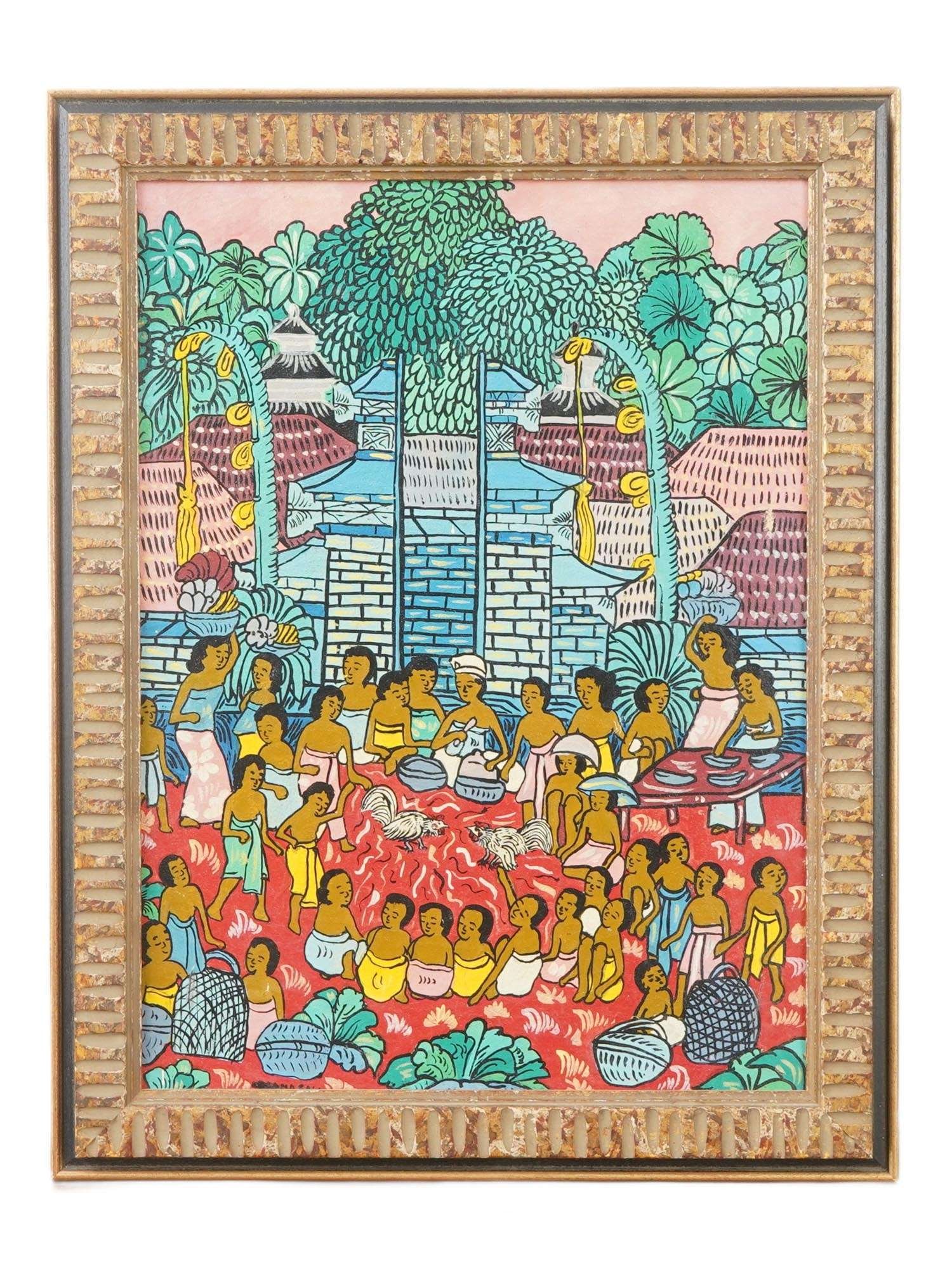 VINTAGE BALINESE MIXED MEDIA PAINTING SIGNED: Mixed media painting on canvas. Indonesian, Ubud, Bali, mid to late 20th century. The artwork depicts cooking in the village. Illegibly signed in the lower left. Framed. Collectible Oriental Fine Art,