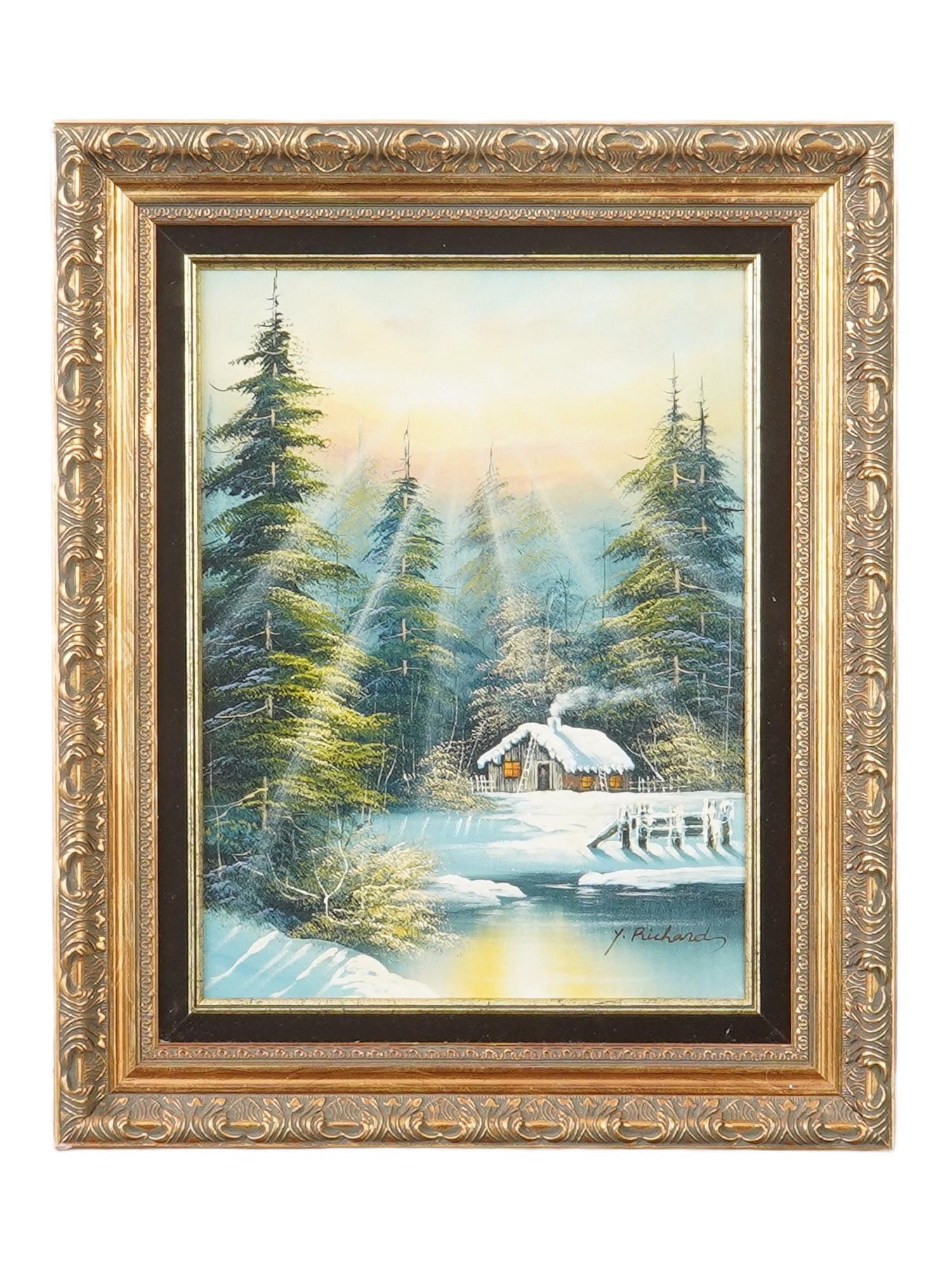 WINTER LANDSCAPE OIL PAINTING SIGNED J. RICHARD: Oil on canvas painting. Rural winter scene with a cabin by the river. Executed with the use of palette knife. Signed in the lower right, J. Richard. Ca. late 20th century. Framed. Collectible Fine Art