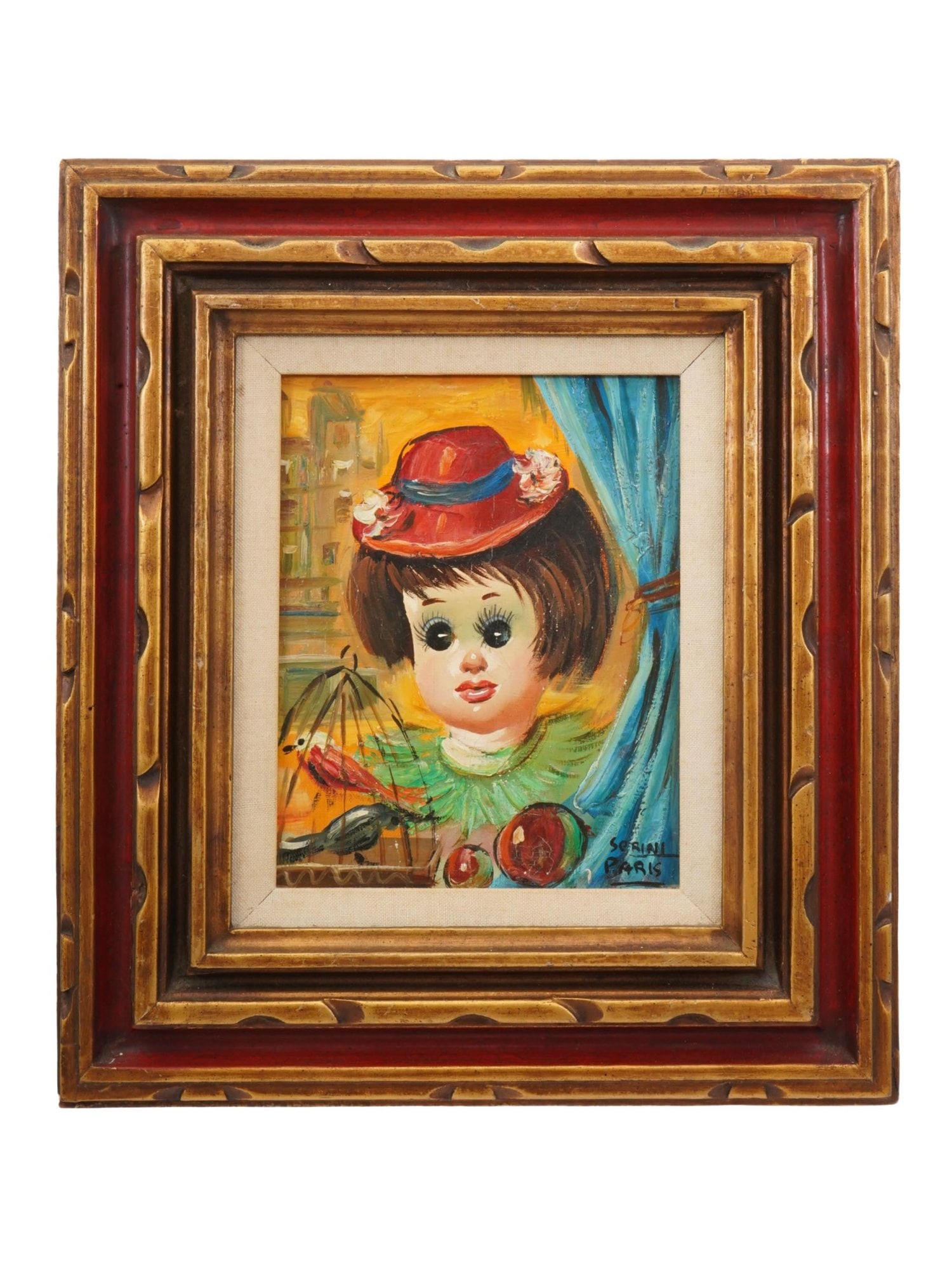 VINTAGE FRENCH OIL ON CANVAS PAINTING BY SERINI: A vintage French oil on canvas painting by Serini. The painting depicts a doll in a red hat portrait. Circa mid to late 20th century. Signed Serini Paris lower right. Framed. Home Decor and Collectibl