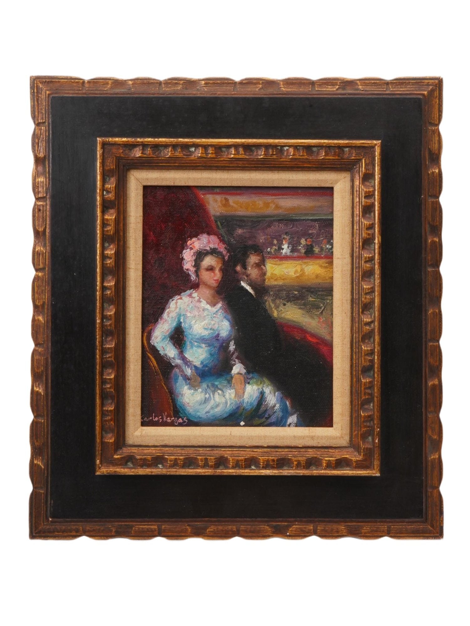 OIL DOUBLE PORTRAIT PAINTING BY CARLOS VARGAS: A vintage oil on canvas double portrait painting by Carlos Vargas. The painting depicts a double portrait of a man and a woman in a theater balcony. Signed lower left. Framed. Home Decor and Collectib