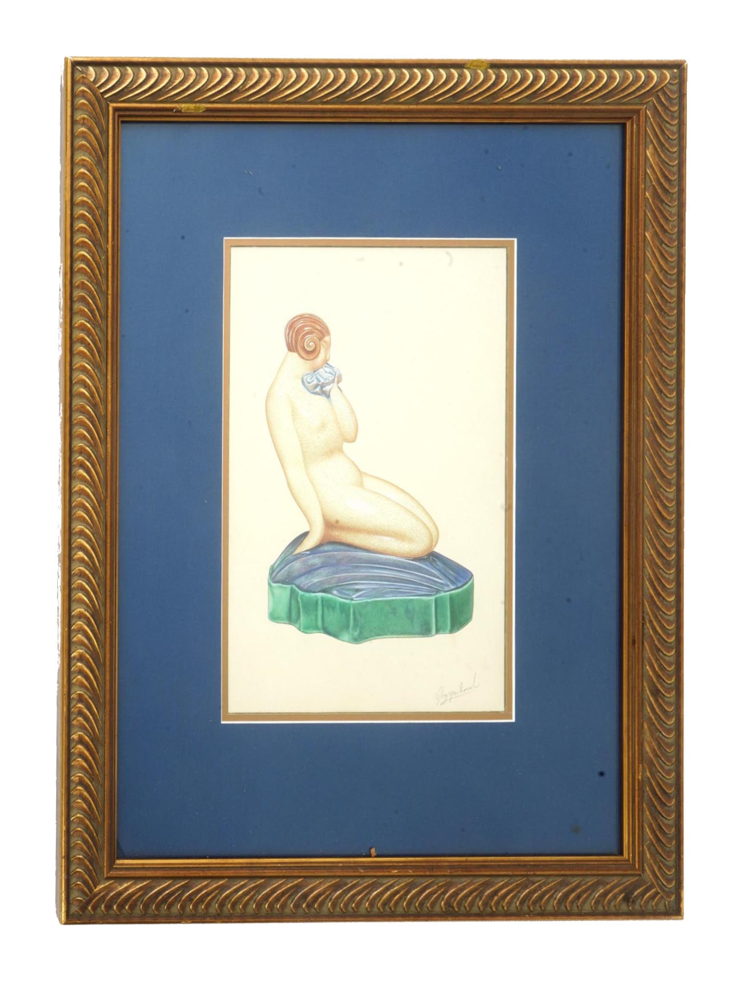 MID CENTURY GOUACHE PAINTING NUDE WOMAN SIGNED: A mid century gouache painting depicting a surrealist scene with a nude woman sitting with the legs under her. Signed illegibly. Matted and framed. Circa the mid 20th century. Vintage Female Paintings