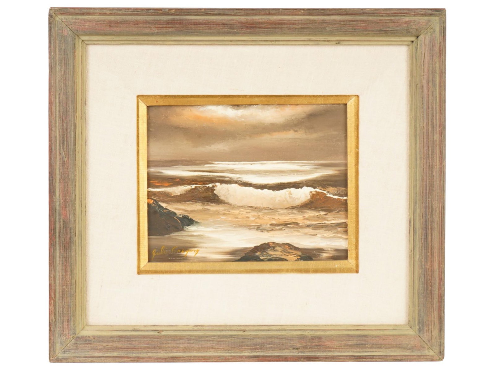 JULIE GREGORY AMERICAN PAINTING OF A SEASCAPE SCENE: Julie Gregory, American, 20th century, an oil painting depicting a seascape scene. Based in Laguna Beach, California, Gregory frequently depicted coastal scenes of Hawaii and the Pacific. Her impressi