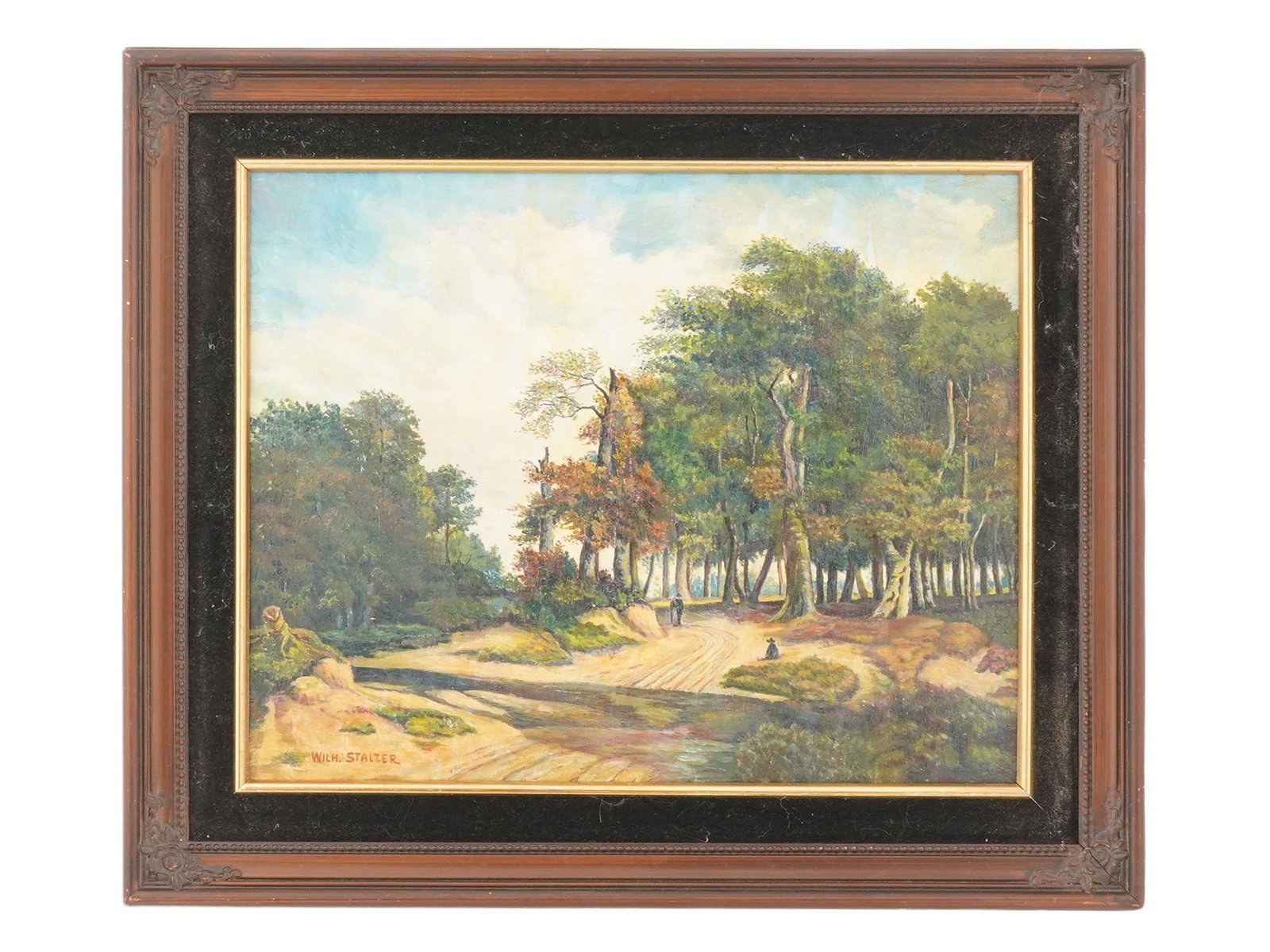DUTCH OIL PAINTING AFTER JACOB VAN RUYSDAEL SIGNED: An oil painting on masonite board, The Big Forest, depicting agenre scene in a forest landscape after the original artwork by Jacob Salomonsz van Ruysdael, Dutch, 1629 to 1681. Inscribed, Wilh. Stalze