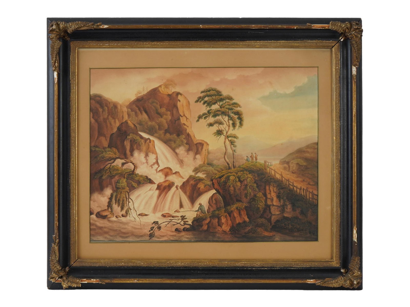ANTIQUE PAINTING RIVER CLYDE DRAWN BY WALMSLEY: An antique English watercolor painting on paper depicting a scenic landscape, inscribed to the reverse Cora Lynn The Middle Fall of the River Clyde Drawn by Walmsley. Presented framed. Antique Europea