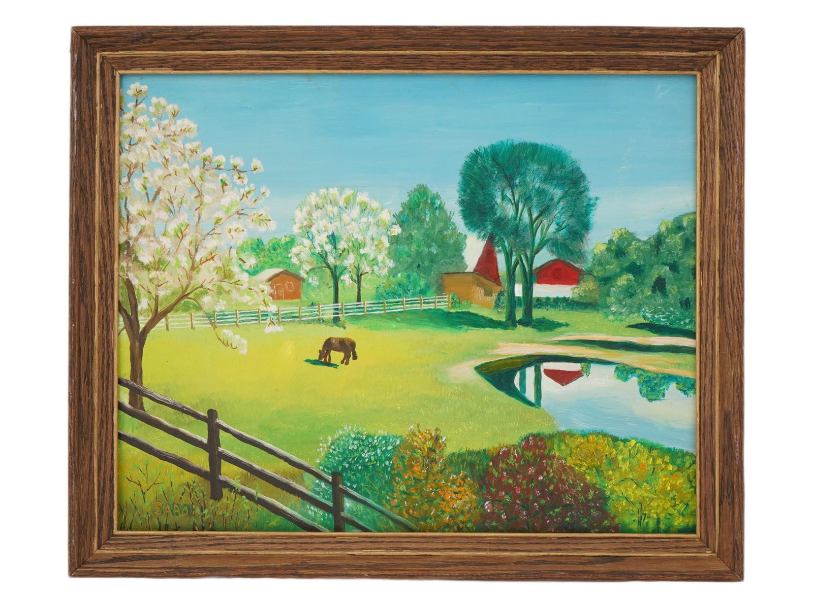 MODERNIST RURAL SCENE OIL PAINTING SIGNED SABO: A Modernist American School oil painting on masonite board depicting a village scene. Signed by the artist, Sabo, lower left. Framed. Modernist and Contemporary Fine Art, Folk Art, Village Scene Oil P