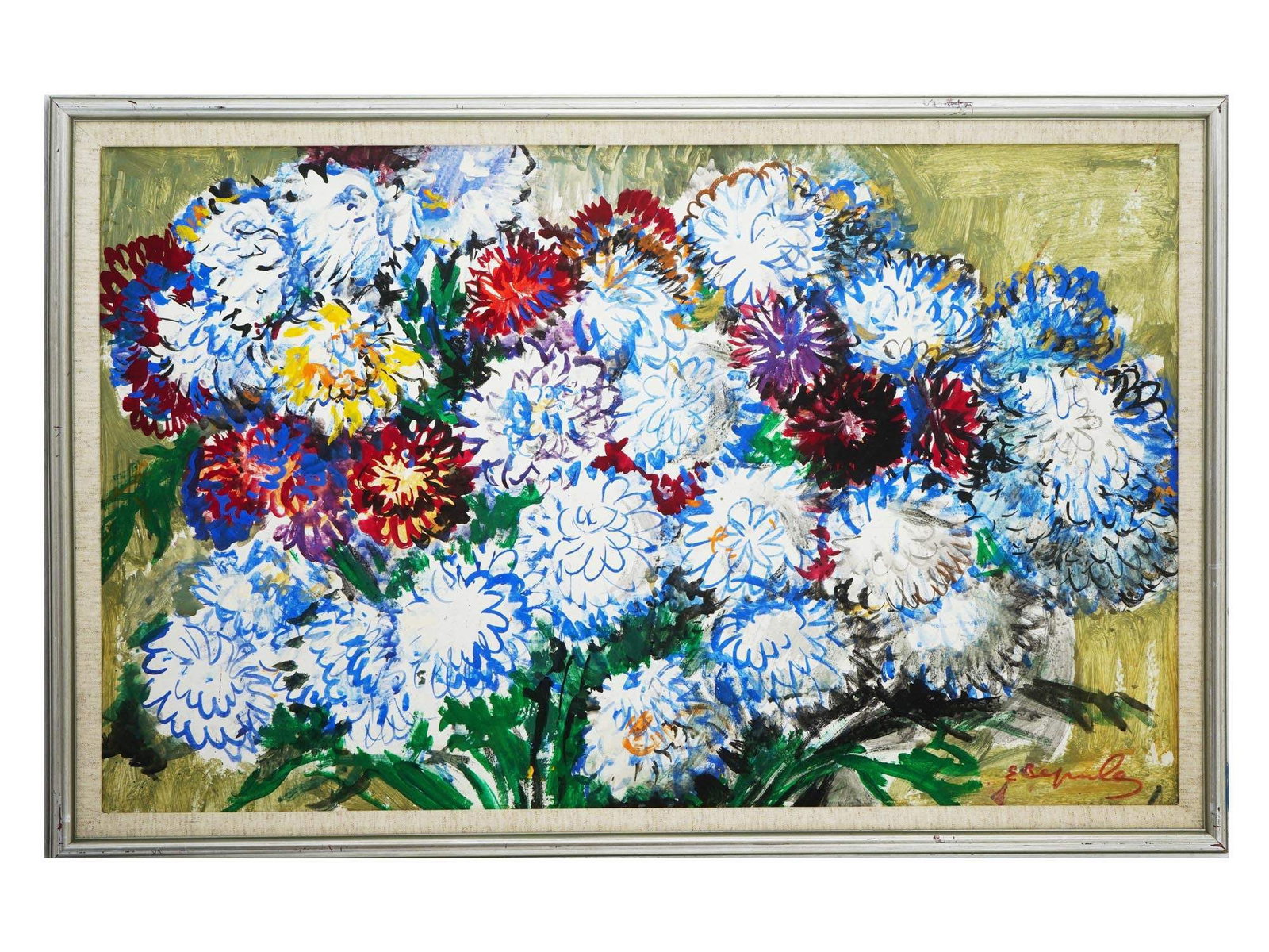 RUSSIAN STILL LIFE PAINTING BY EKATERINA ZERNOVA: Tempera on cardboard painting by Ekaterina Zernova, 1900 to 1995, a Russian Soviet era artist and muralist, member of the OST group. The artwork is a still life with chrysanthemums. Titled The Flowers