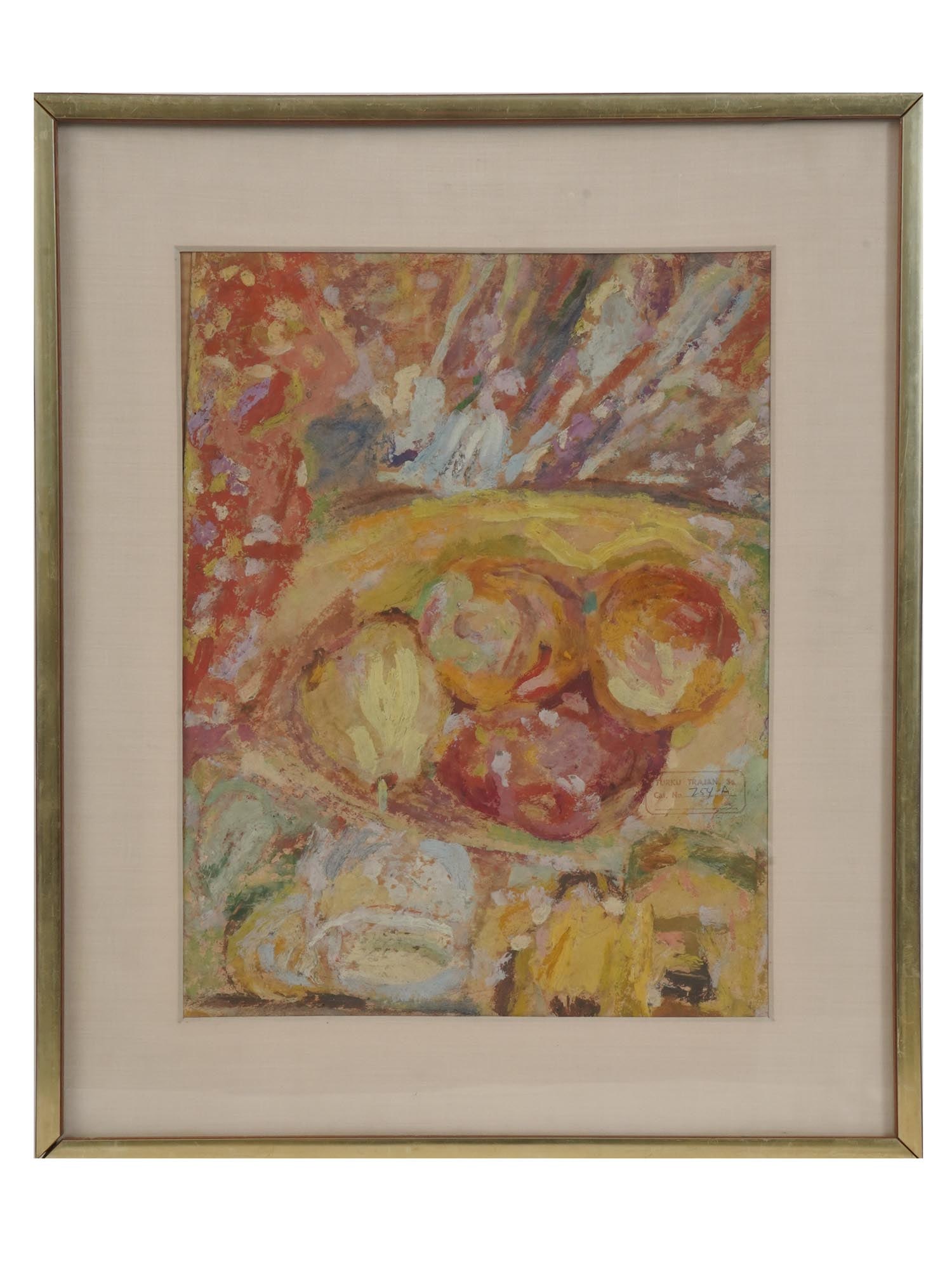 AMERICAN MIXED MEDIA PAINTING BY TURKU TRAJAN: Turku Trajan, American, Hungarian, Austrian, 1887 to 1959, mixed media painting on paper depicting an abstract still life with fruits. Stamped and numbered lower right. Framed. Turku Trajan was a Hung