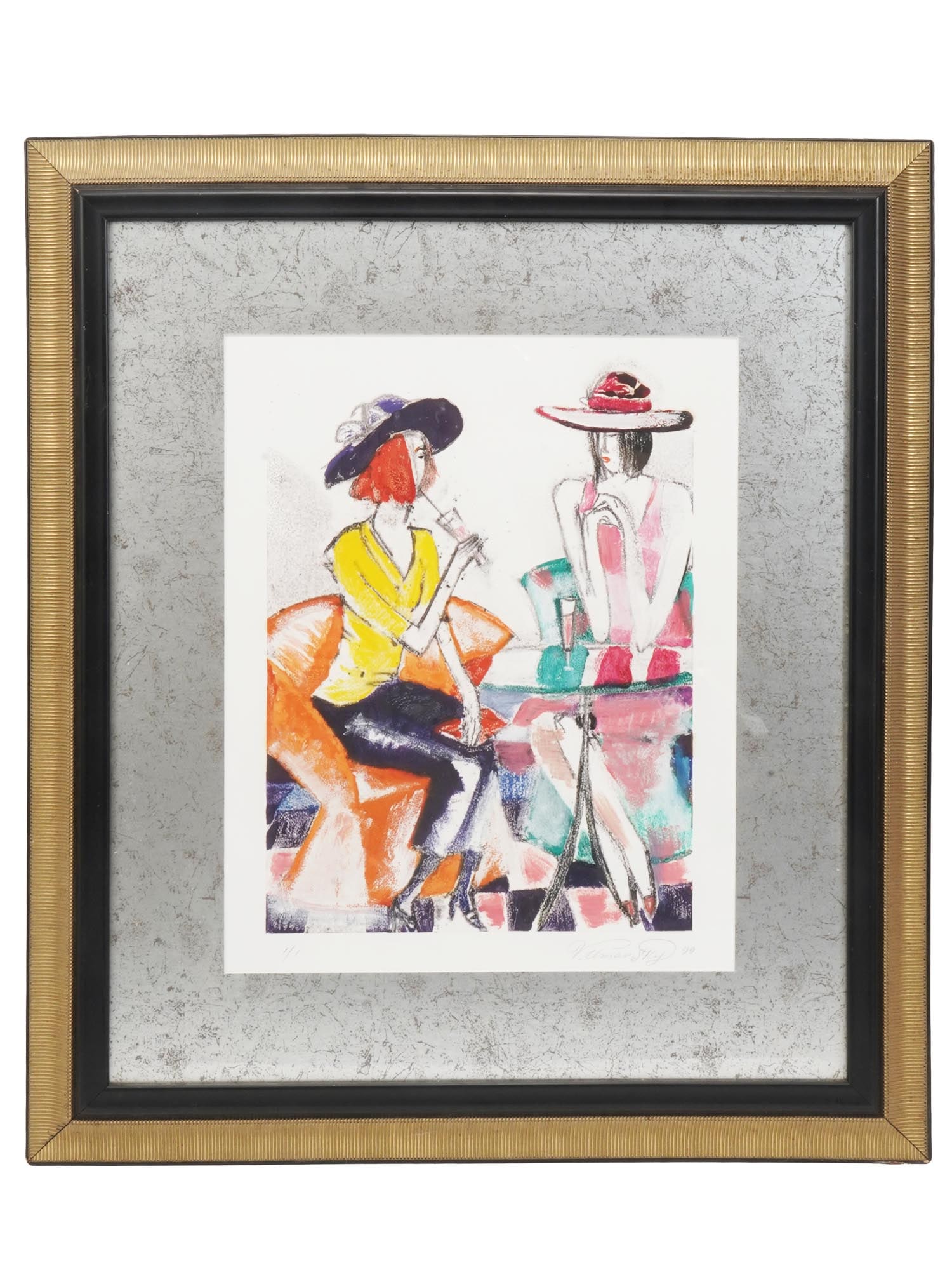 TWO WOMEN IN CAFE PAINTING BY VLADIMIR UMANSKI: Vladimir Umanski, Russian, born 1948, oil on artist board painting depicting two women sitting at the table. Titled Cafe to the back, signed and dated 1999 lower right. Matted and framed. Vladimir Uma