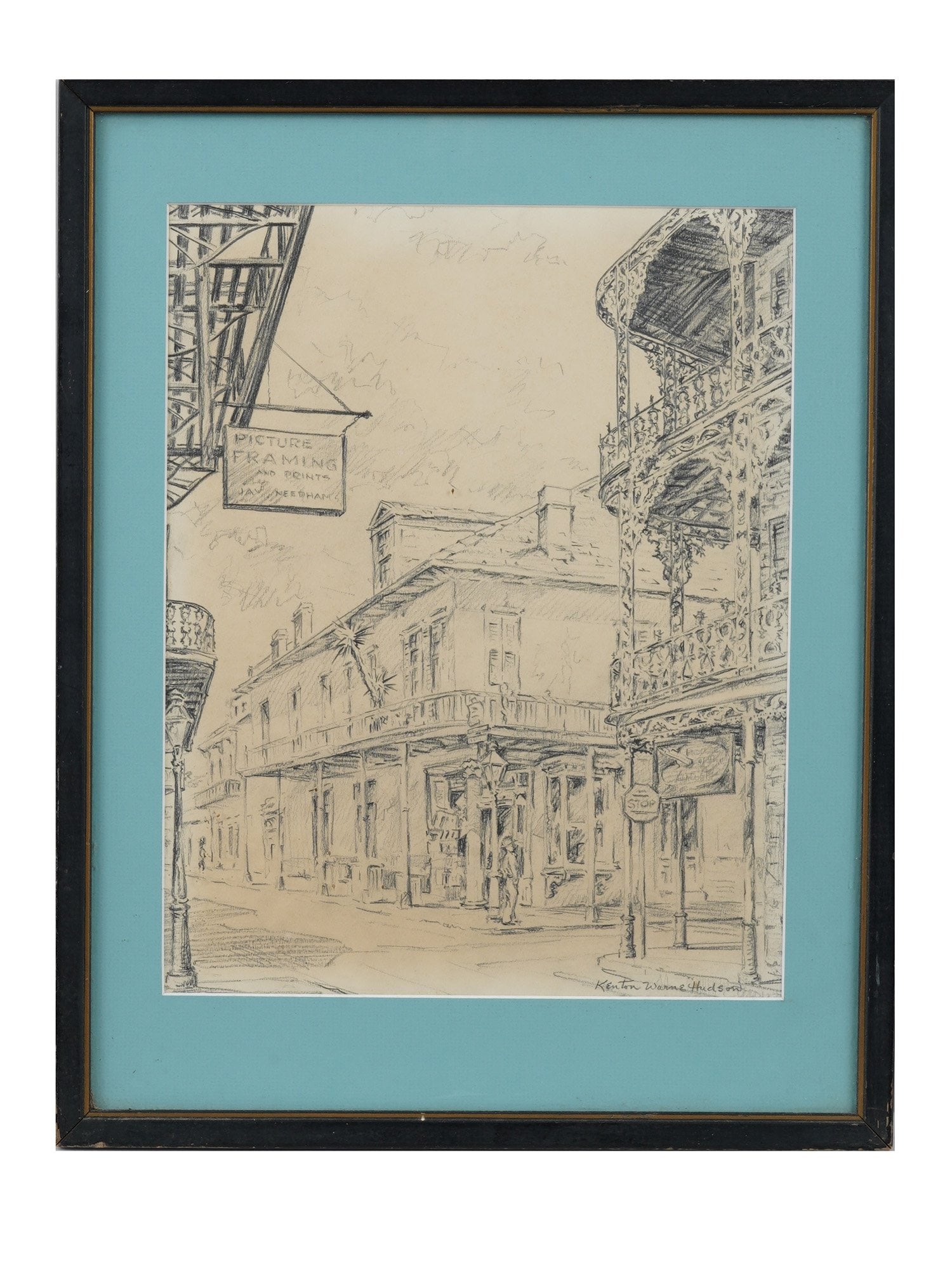 AMERICAN PENCIL PAINTING BY KENTON WARNE HUDSON: Kenton Warne Hudson, American, 1911 to 2007, pencil painting on paper depicting a New Orlean cityscape view. Signed lower right. Framed. Kenton Warne Hudson is an American painter, known for cityscape