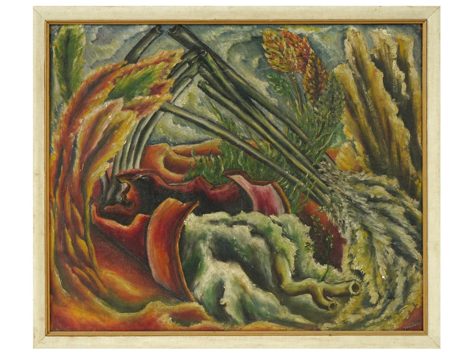 AMERICAN OIL ON BOARD PAINTING BY WILLIS MID 20TH C: An American oil on board painting by Willis. Circa mid 20th century. The expressionistic painting shows a strong hurricane and its aftermath, including a broken pipe and trees bending in the strong wi
