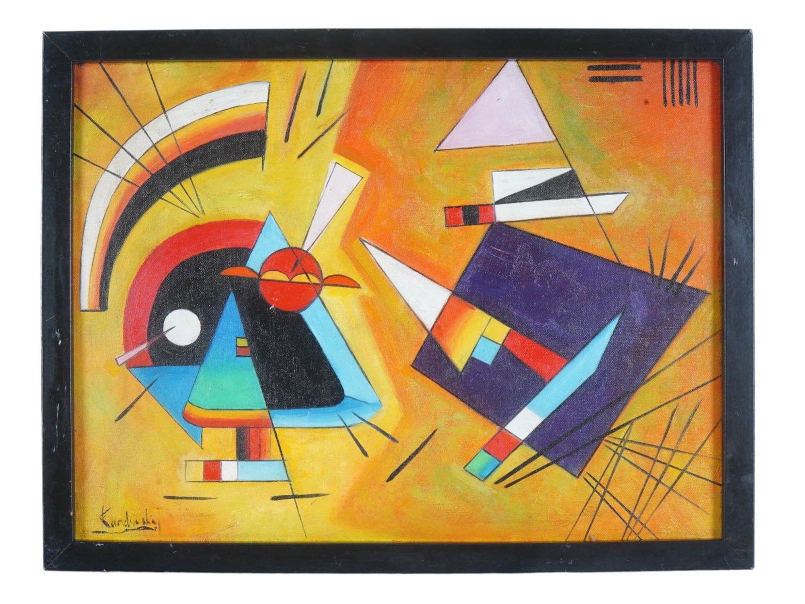 RUSSIAN ABSTRACT PAINTING AFTER WASSILY KANDINSKY: A Russian abstract oil painting on canvas after Wassily Kandinsky, 1923. The painting titled Black and Violet depicts a bright complex abstract composition with sailing boats on an orange background. 