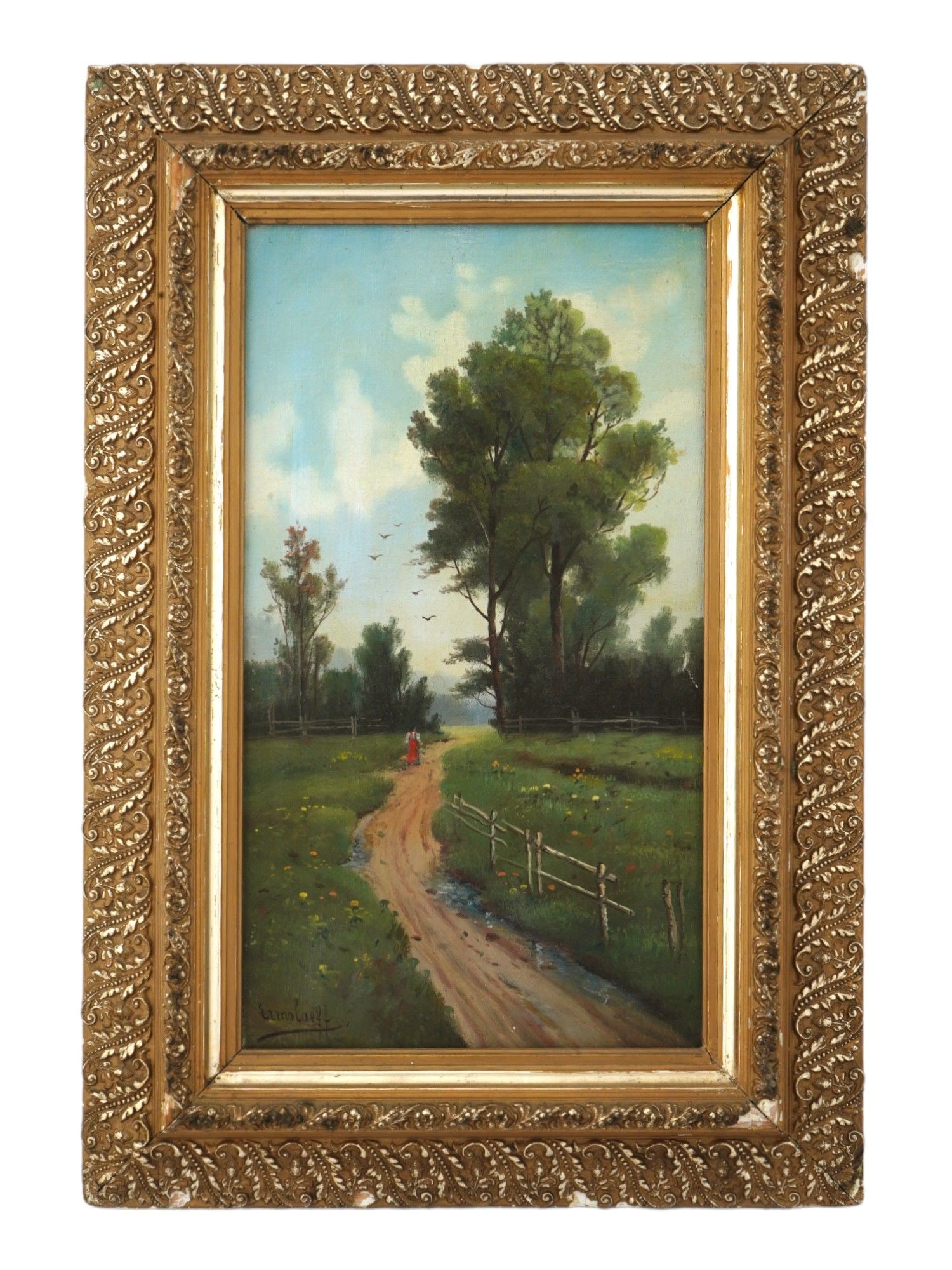 ANTIQUE RUSSIAN OIL REALIST LANDSCAPE PAINTING SIGNED: An antique Russian oil on canvas realist landscape painting depicting a rural scene with a countryside path on a sunny summer day. Signed Ermolaeff lower left. Framed. Circa the late 19th or early 20t