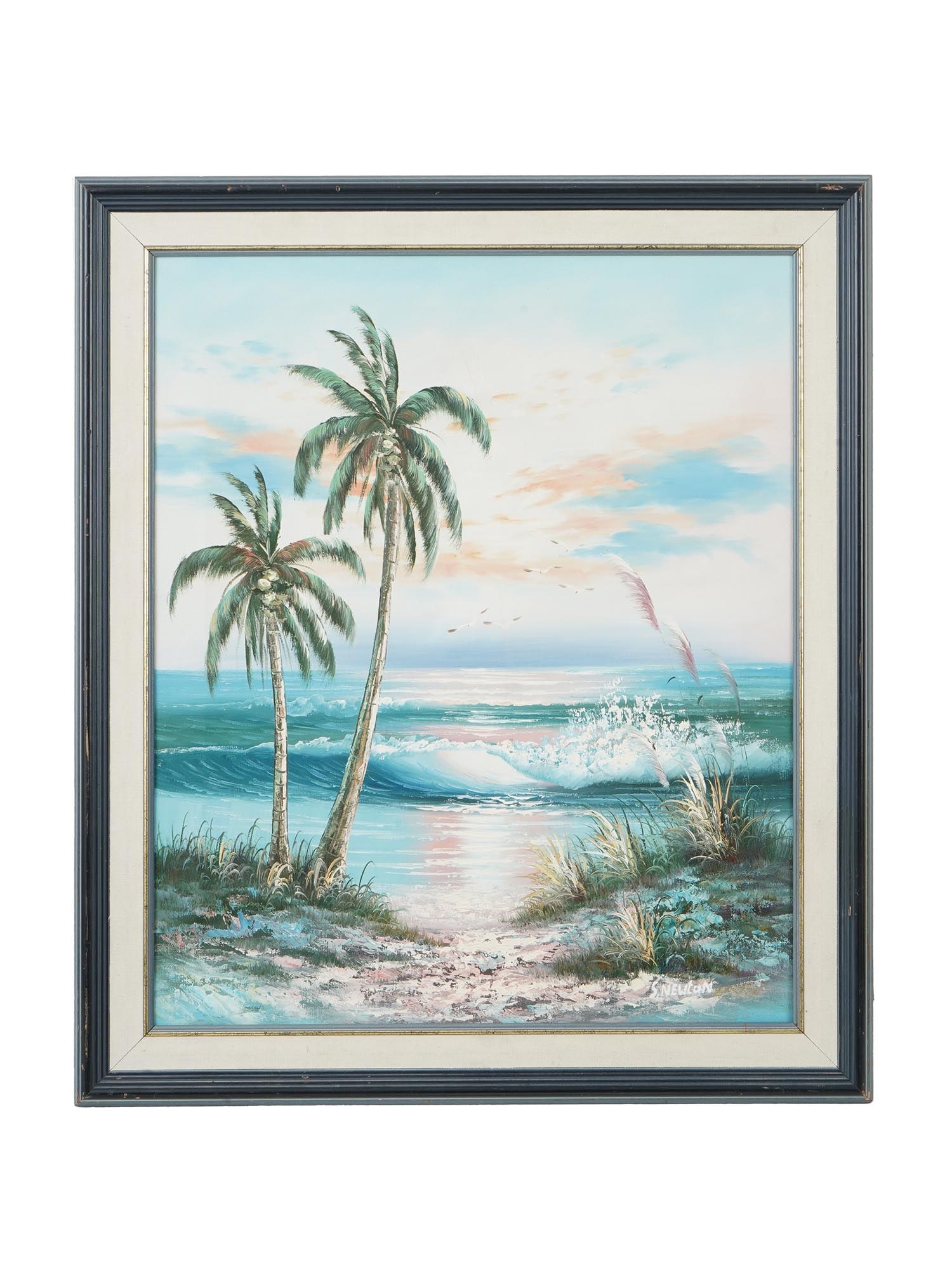 VINTAGE BEACH LANDSCAPE OIL PAINTING SIGNED NEWTON: Oil on canvas painting. American, late 20th century. The artwork depicts an ocean beach with palm trees and seagulls. Signed by the artist in the lower right, S. Newton. Framed. Collectible Fine Art A