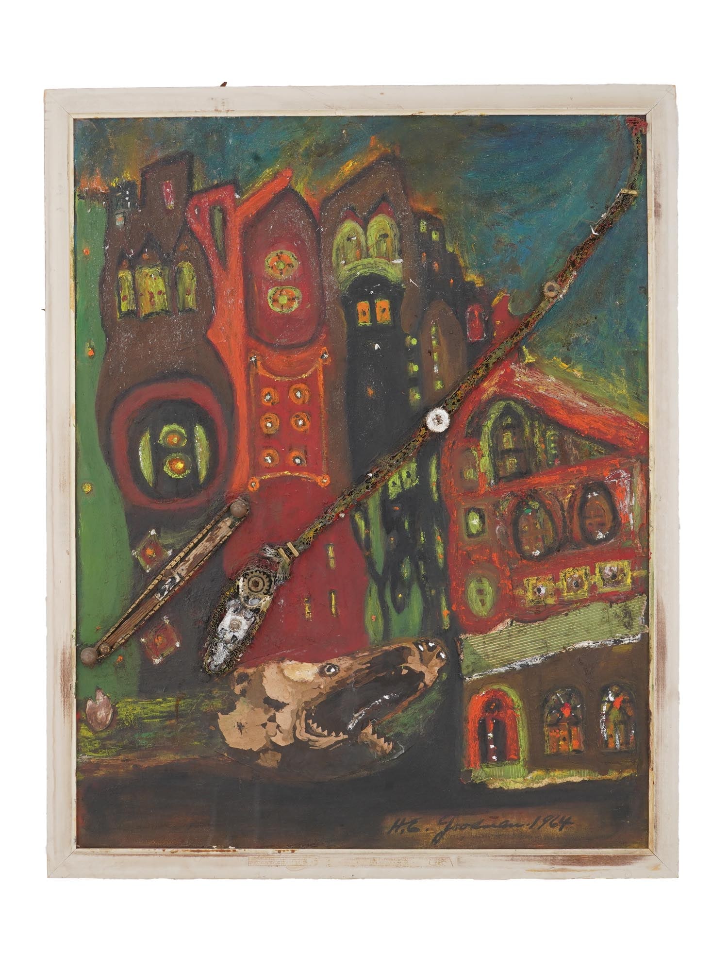 AMERICAN MIX MEDIA PAINTING BY H AND E GOODMAN: A mixed media collage painting by Herman and Estelle Goodman, 1930 to 2007, an American married couple of modernist expressionist artists who worked in New York City. The painting depicts a complex ex