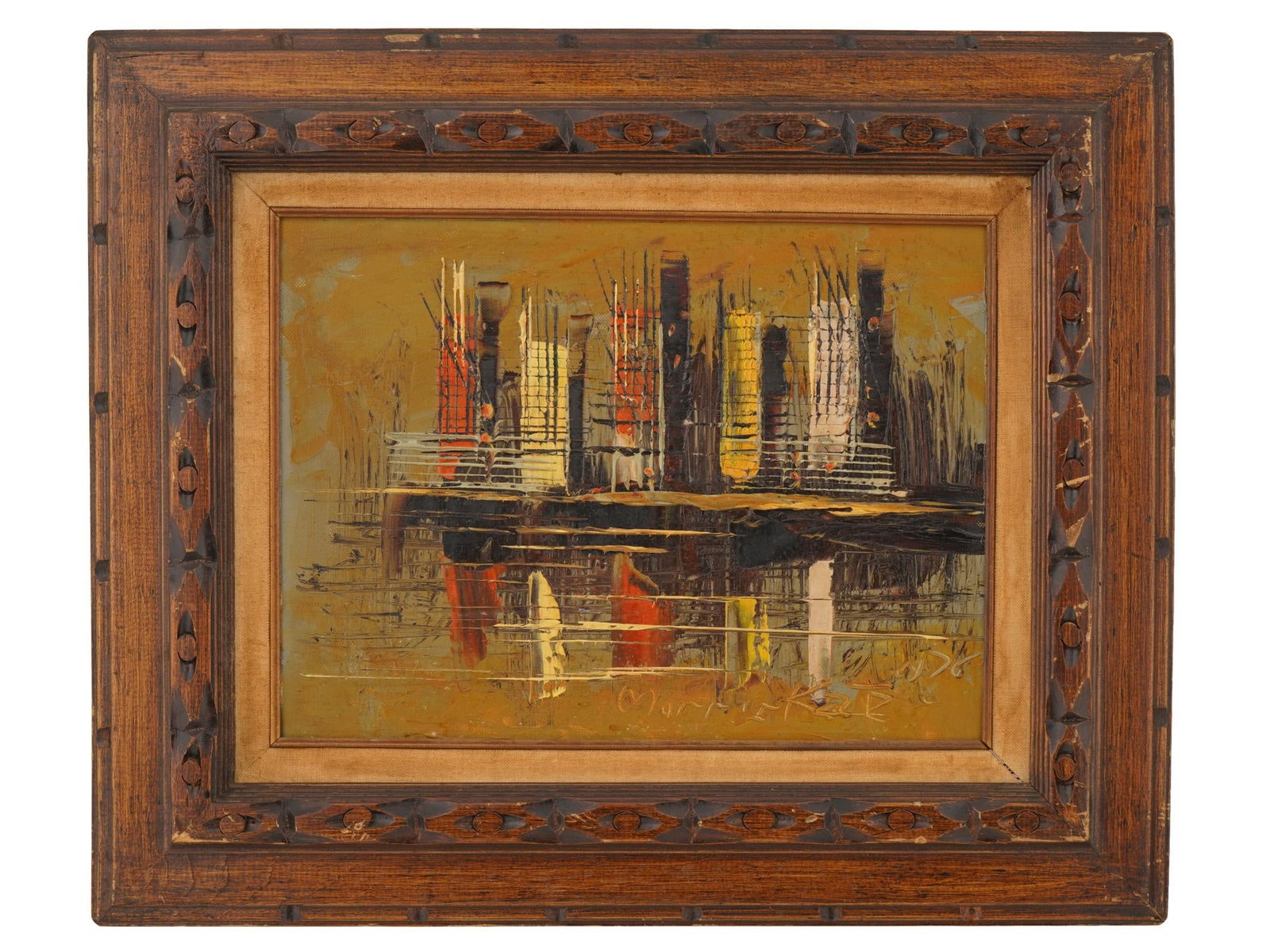 MORRIS KATZ CITYSCAPE W SKYSCRAPERS OIL PAINTING: Oil on cardboard painting by Morris Katz, 1932 to 2010, was a Polish-American artist known as the worlds fastest painter. The painting depicts a cityscape with skyscrapers, executed with broad brushst