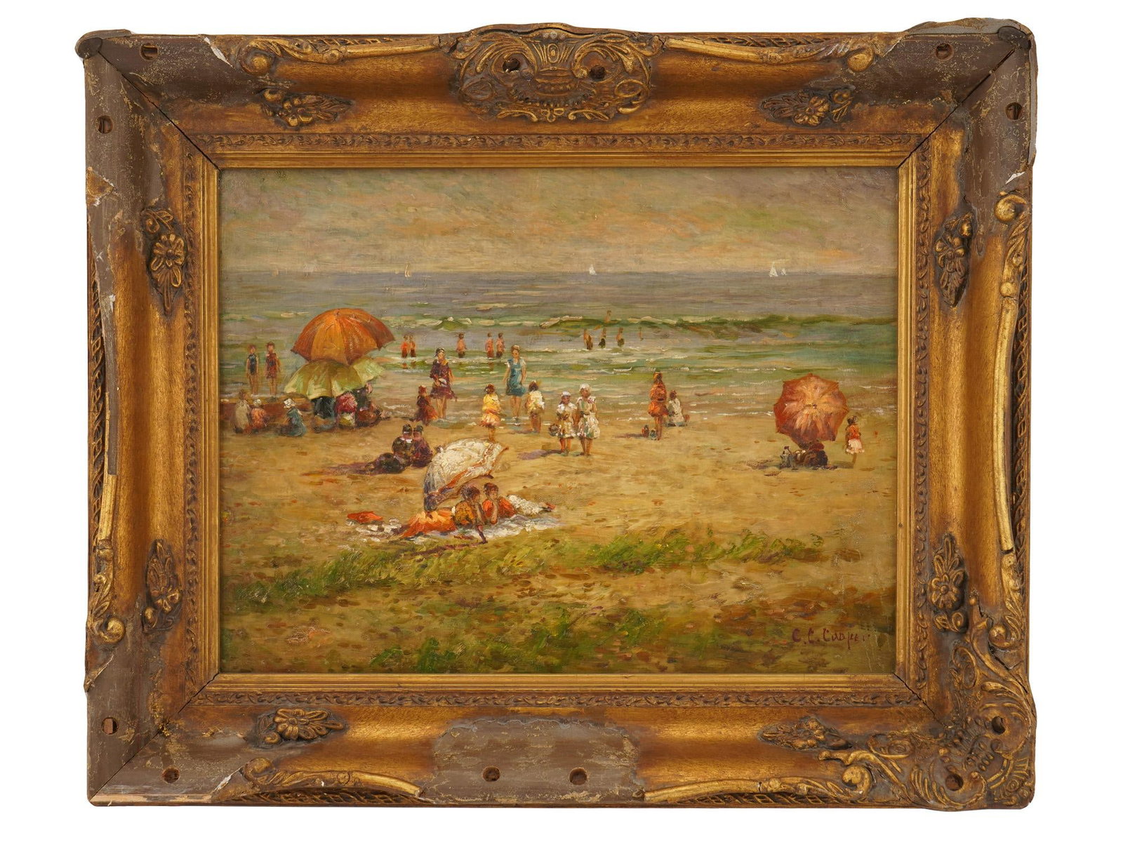 BRITISH OIL PAINTING ATTR CLAUDE CAHILL COOPER: A vintage oil on board genre scene painting attributed to Claude Cahill Cooper, born 1941, a British Impressionist artist known for his picturesque coastal landscapes and historic urban scenes. Execut