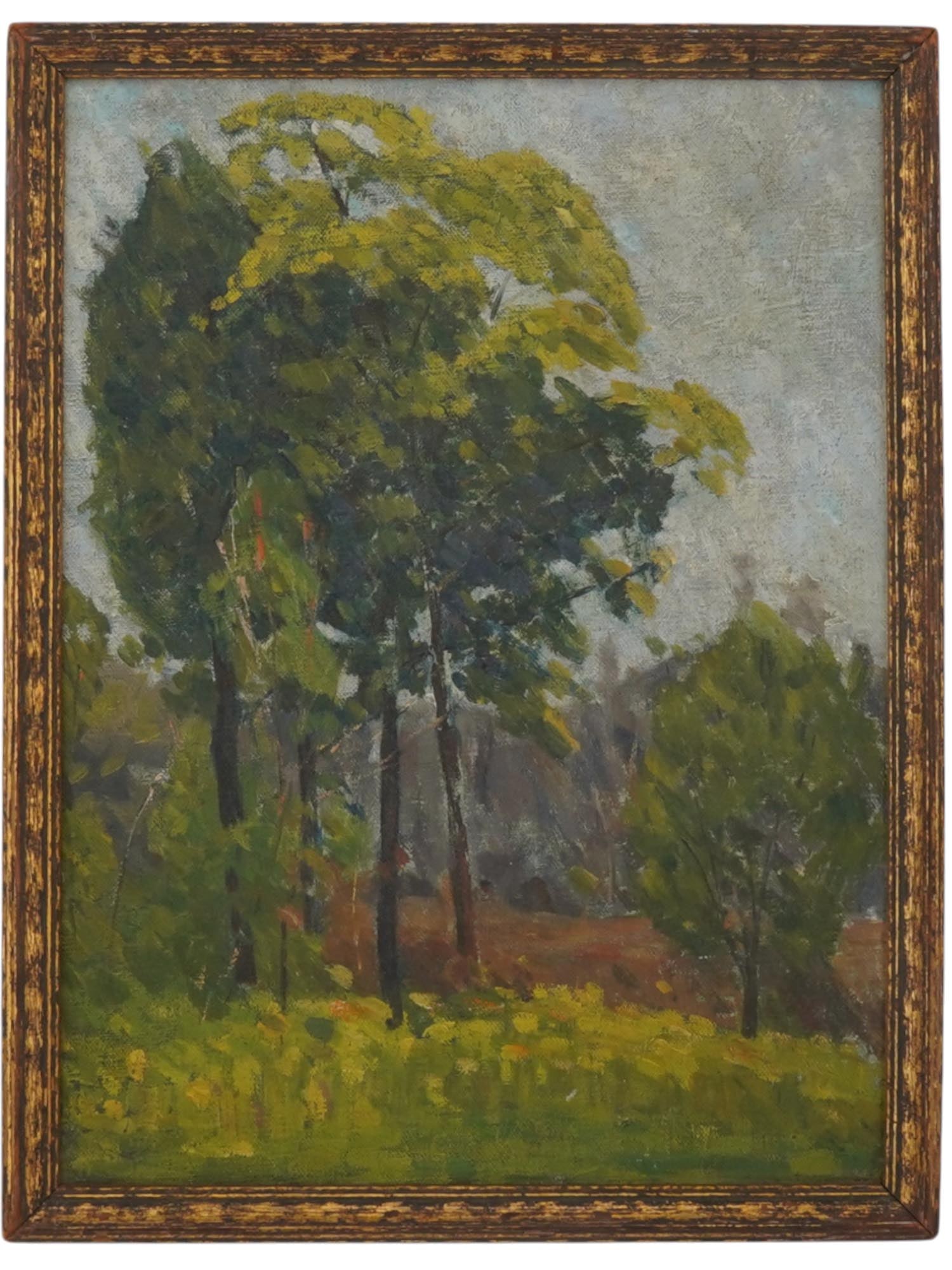 AMERICAN OIL ON CANVAS LANDSCAPE PAINTING: An American oil on canvas landscape painting. The painting depicts an impressionistic summer forest landscape. Hand inscribed Harold Behl on the back, presumably the artists name. American Landscape P