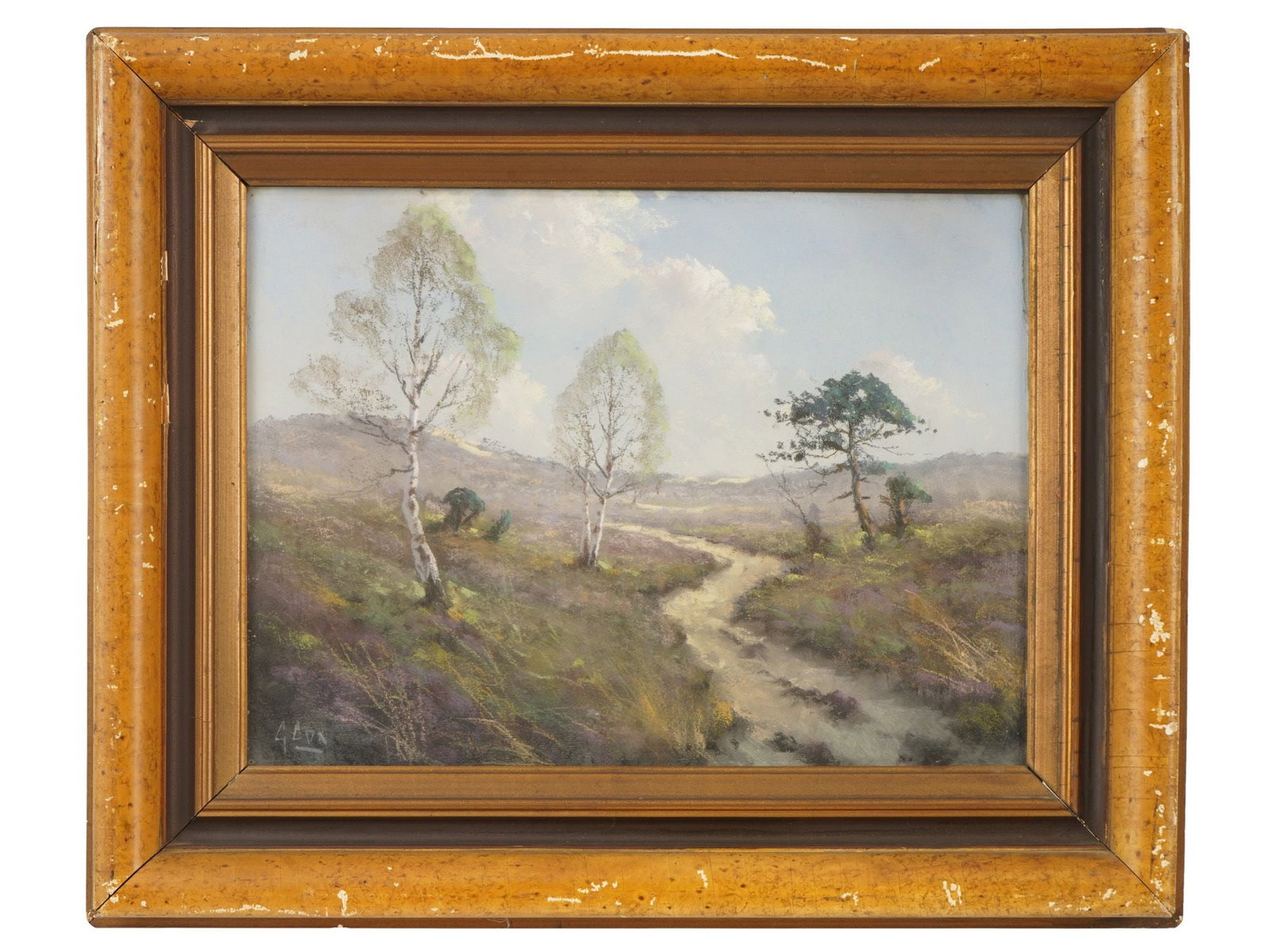 ANTIQUE ENGLISH PASTEL PAINTING ATTR GARSTIN COX: An antique English pastel on cardboard painting attributed to Garstin Cox, 1892 to 1933. The painting depicts an autumn forest landscape in the Impressionist style, executed in a soft, airy color pale