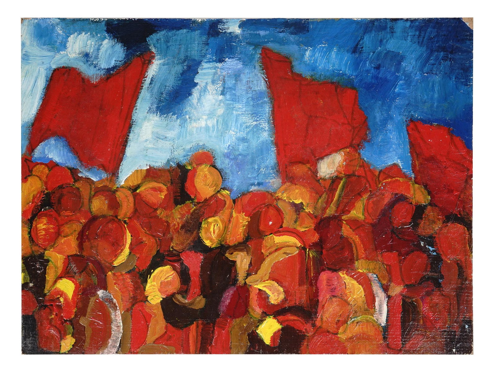 RUSSIAN SOVIET NONCONFORMIST STYLE OIL PAINTING: A Russian oil painting on masonite depicting am abstract scene in Soviet Nonconformist style. Unsigned. The term Soviet Nonconformist Art refers to Soviet art produced in the former Soviet Union from 