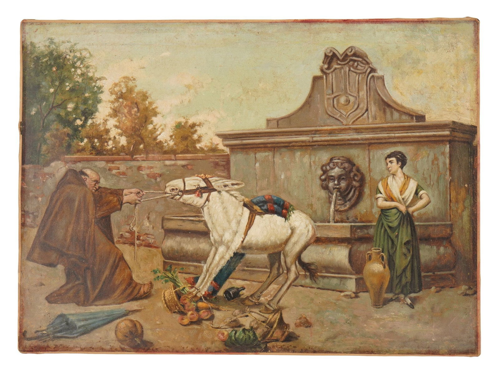 ANTIQUE CONTINENTAL SCHOOL GENRE SCENE OIL PAINTING: An antique Continental School oil painting on canvas depicting a genre scene in an architectural landscape. Unsigned. Antique and Vintage European Fine Art, Genre Scene Oil Paintings, and Collectibles