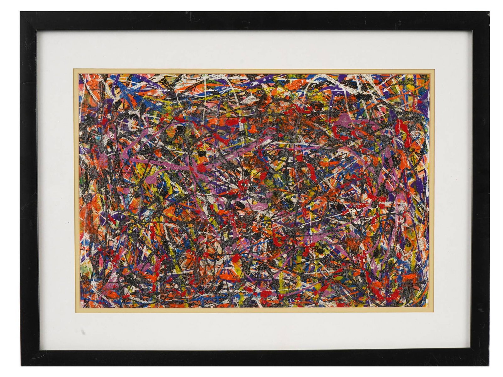 OIL ON BOARD ABSTRACT EXPRESSIONIST PAINTING: An oil on board abstract expressionist painting done using the dripping technique. The composition is reminiscent of Jackson Pollocks work, using intertwined lines and splashes of paint. Matted and fr