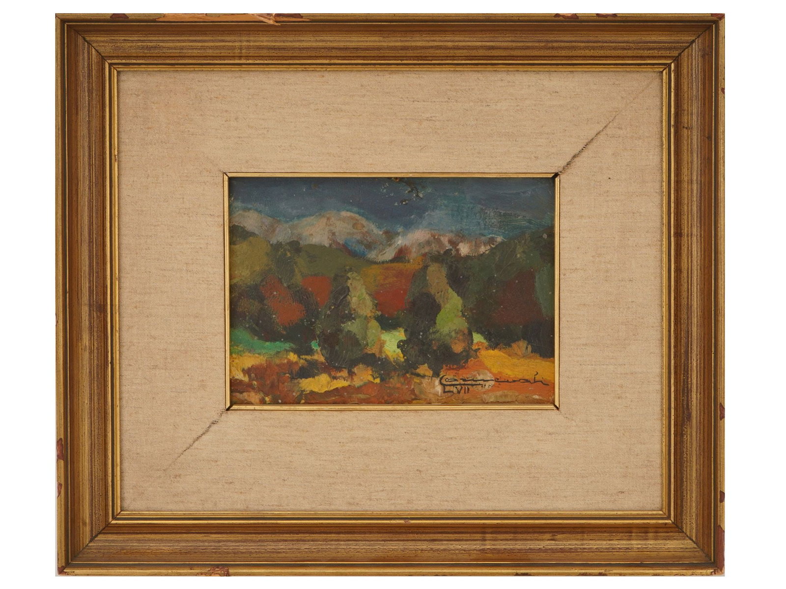 MID CENTURY EXPRESSIONIST LANDSCAPE OIL PAINTING: A mid-century expressionist landscape oil painting on board. The composition depicts a wooded landscape with rolling hills beneath a dramatic sky. Signed in the lower right. Framed. Mid-Century Painti