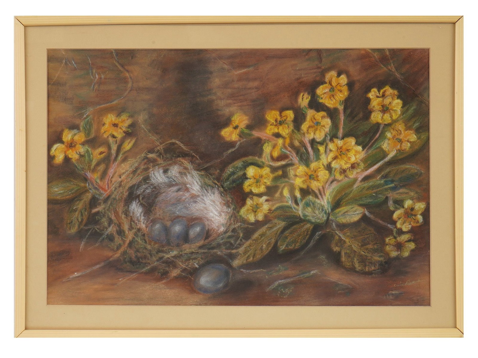 MID CENTURY PASTEL PAINTING OF BIRDS NEST WITH EGGS: A mid-century pastel painting on paper depicting a naturalistic birds nest with speckled eggs surrounded by blooming yellow primroses. Matted and housed in a wood frame. Mid-Century Paintings And Art 