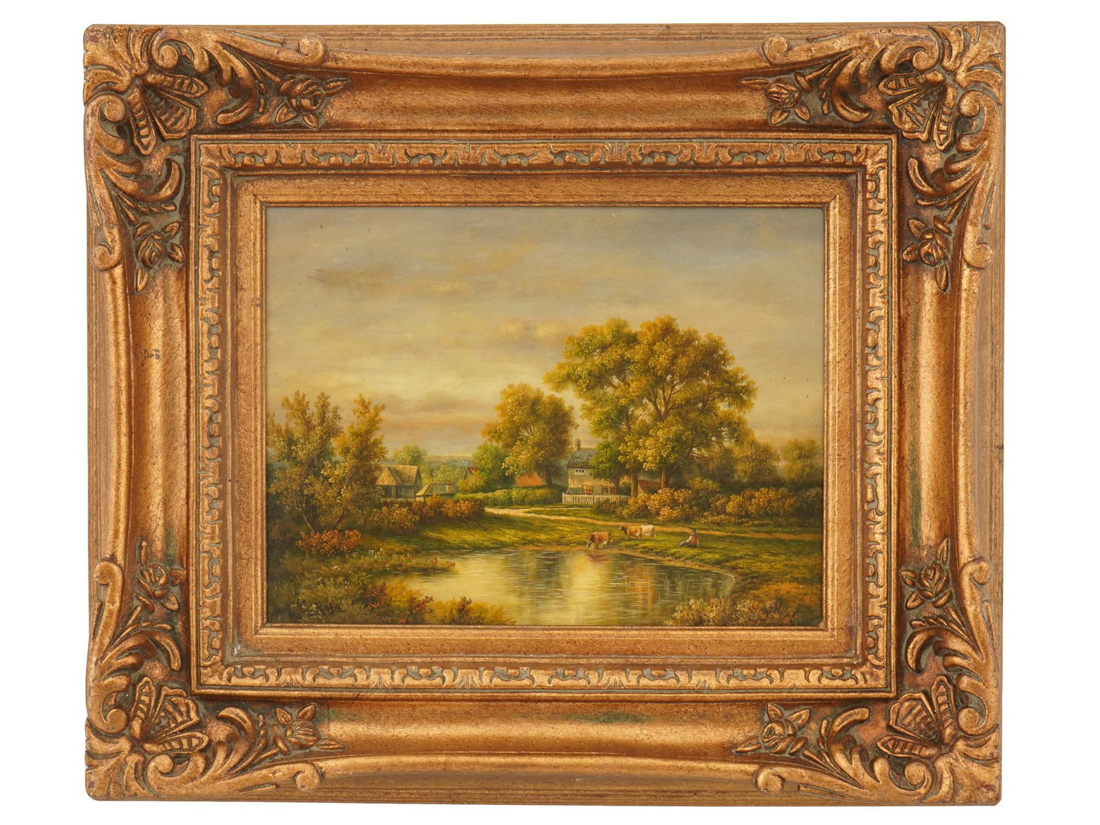 ANTIQUE EUROPEAN SCHOOL OIL PASTORAL LANDSCAPE PAINTING: An antique European School oil on board Pastoral landscape painting. The painting depicts a serene Pastoral landscape view executed with a naturalistic palette of ochres, greens, and soft brown. Illeg