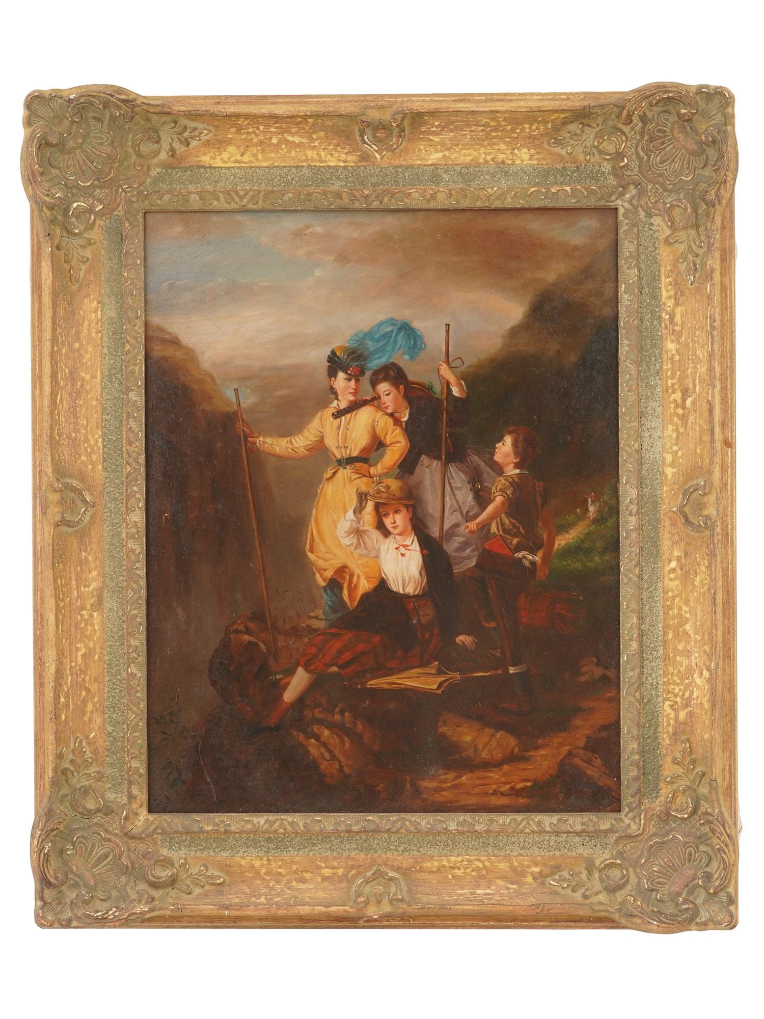 AFTER CHARLES EDOUARD BOUTIBONNE FRENCH OIL PAINTING: After Charles Edouard Boutibonne, French, 1816 to 1897, oil painting on board. After the 1868 artwork titled Hiking in the Mountains, depicting a group of young women exploring a mountain range. Signe