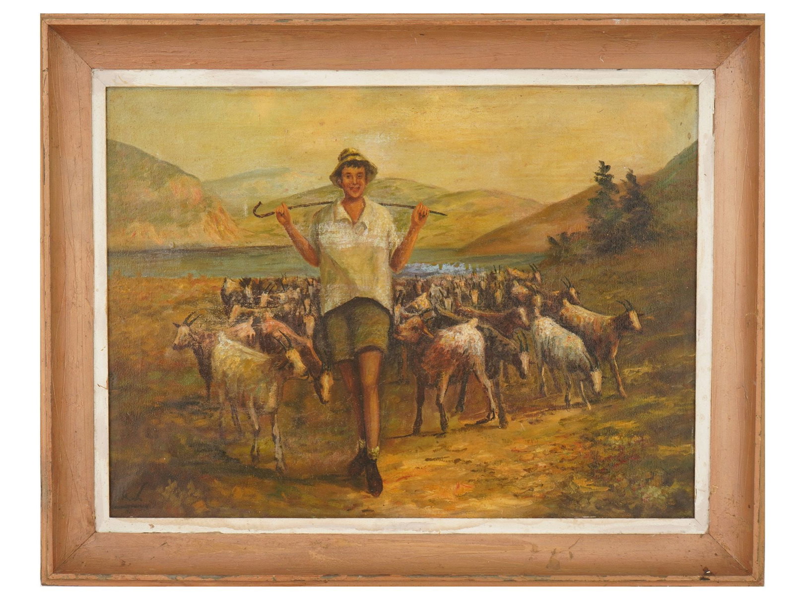 SHEPHERD LEADING HIS FLOCKS OIL PAINTING SIGNED: Oil painting on canvas. The artwork depicts a shepherd with a flock of sheep in lake scenery. Signed HKL lower left. Dated late 20th century. Framed. Collectible Fine Art, Genre Scene, Rural Landscape