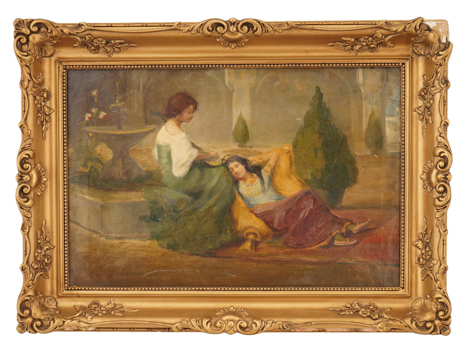 ANTIQUE NEOCLASSICAL GENRE OIL PAINTING FRAMED: Oil painting on board. Late 19th to early 20th century. The artwork depicts a Neoclassical Ancient Roman-style scene, a female musician and young noble woman by the terrace fountain. Unsigned. Framed.