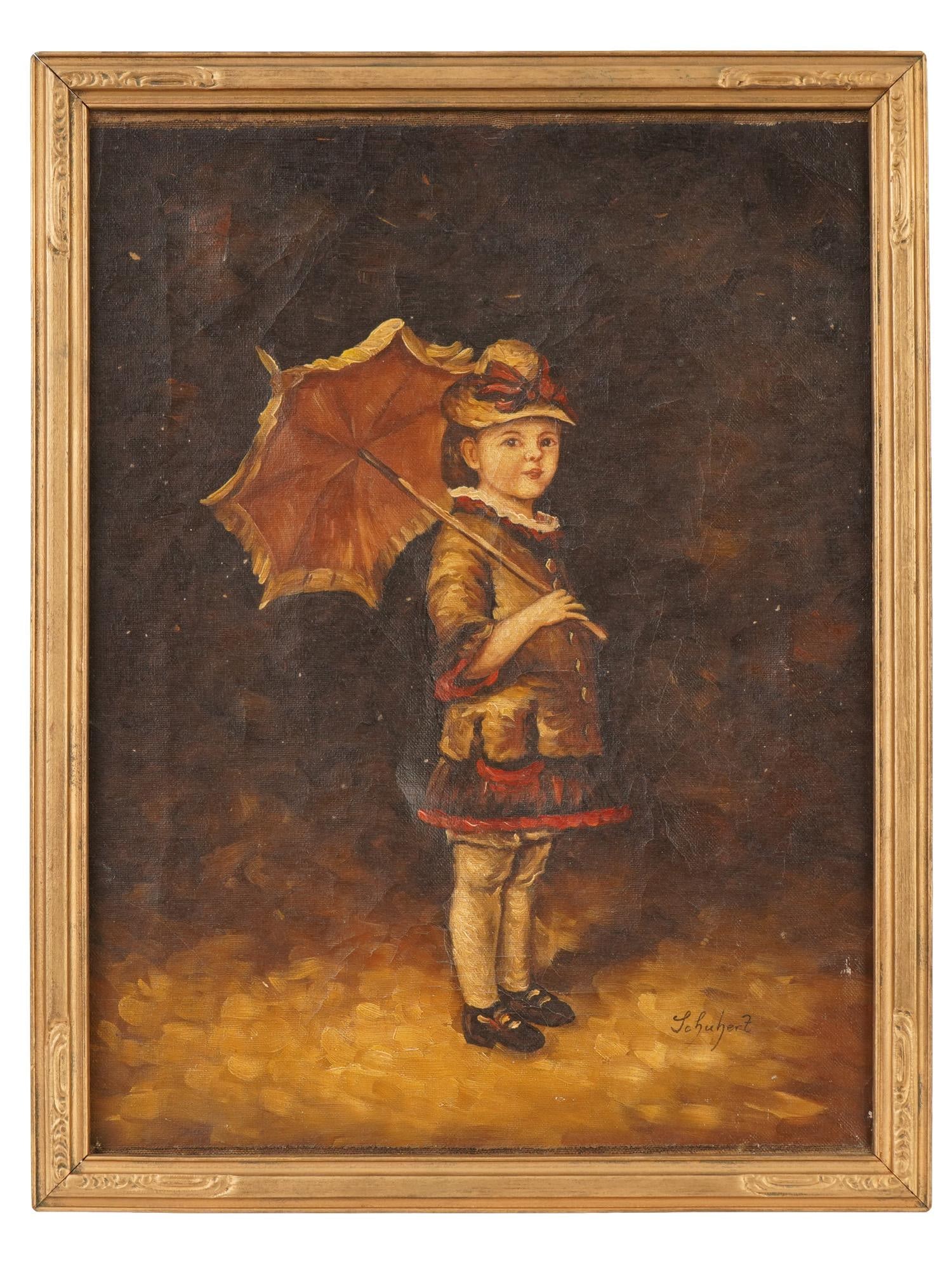 EUROPEAN VICTORIAN GIRL PORTRAIT OIL PAINTING SIGNED: A European School Victorian manner oil painting on canvas depicting a portrait of a girl with a parasol. Signed by the artist, Schubert, lower right. Framed. Antique and Vintage European School Fine A
