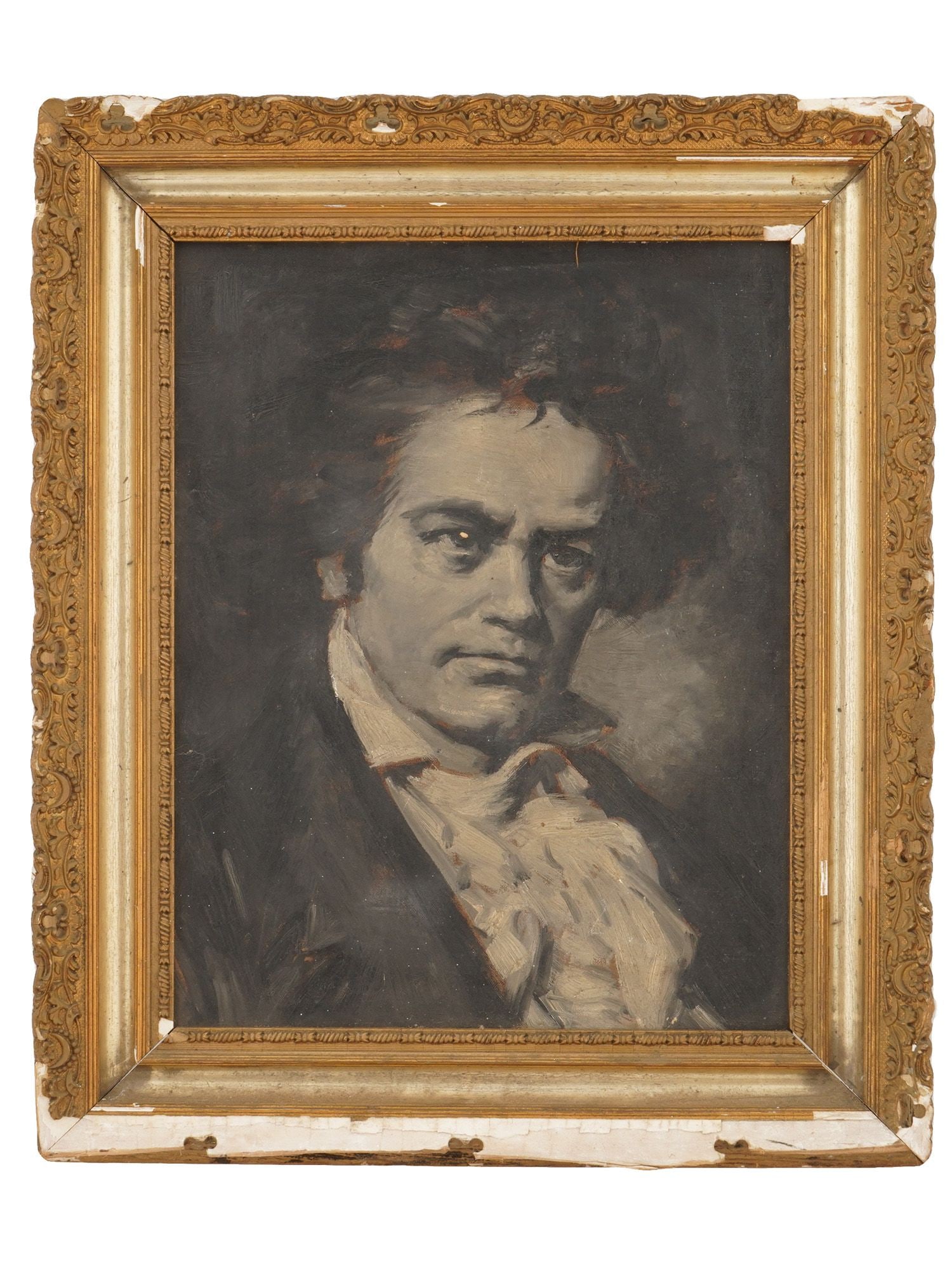 LUDWIG VAN BEETHOVEN PORTRAIT OIL PAINTING: Oil painting on canvas. Monochrome portrait of Ludwig van Beethoven, 1770 to 1827, a German composer and pianist of the Romantic era. Unsigned. Dated first half of the 20th century. The canvas require
