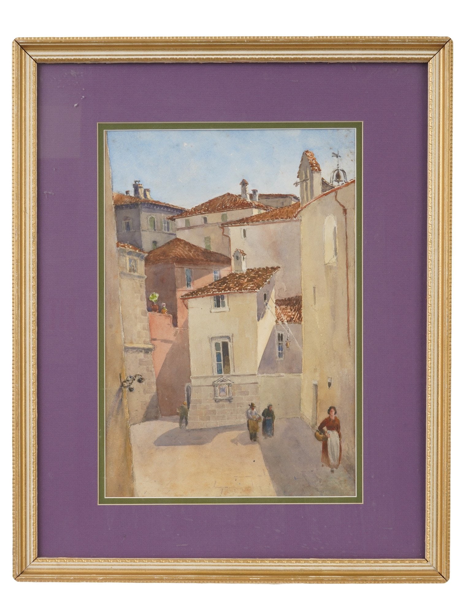 HENRY JARVIS PECK AMERICAN WATERCOLOR PAINTING: Henry Jarvis Peck, American, 1880 to 1964, watercolor painting on paper. Street view of an old Italian town. Signed and dated 1928 on the backside. Matted and framed. Henry J. Peck studied at the Rhod