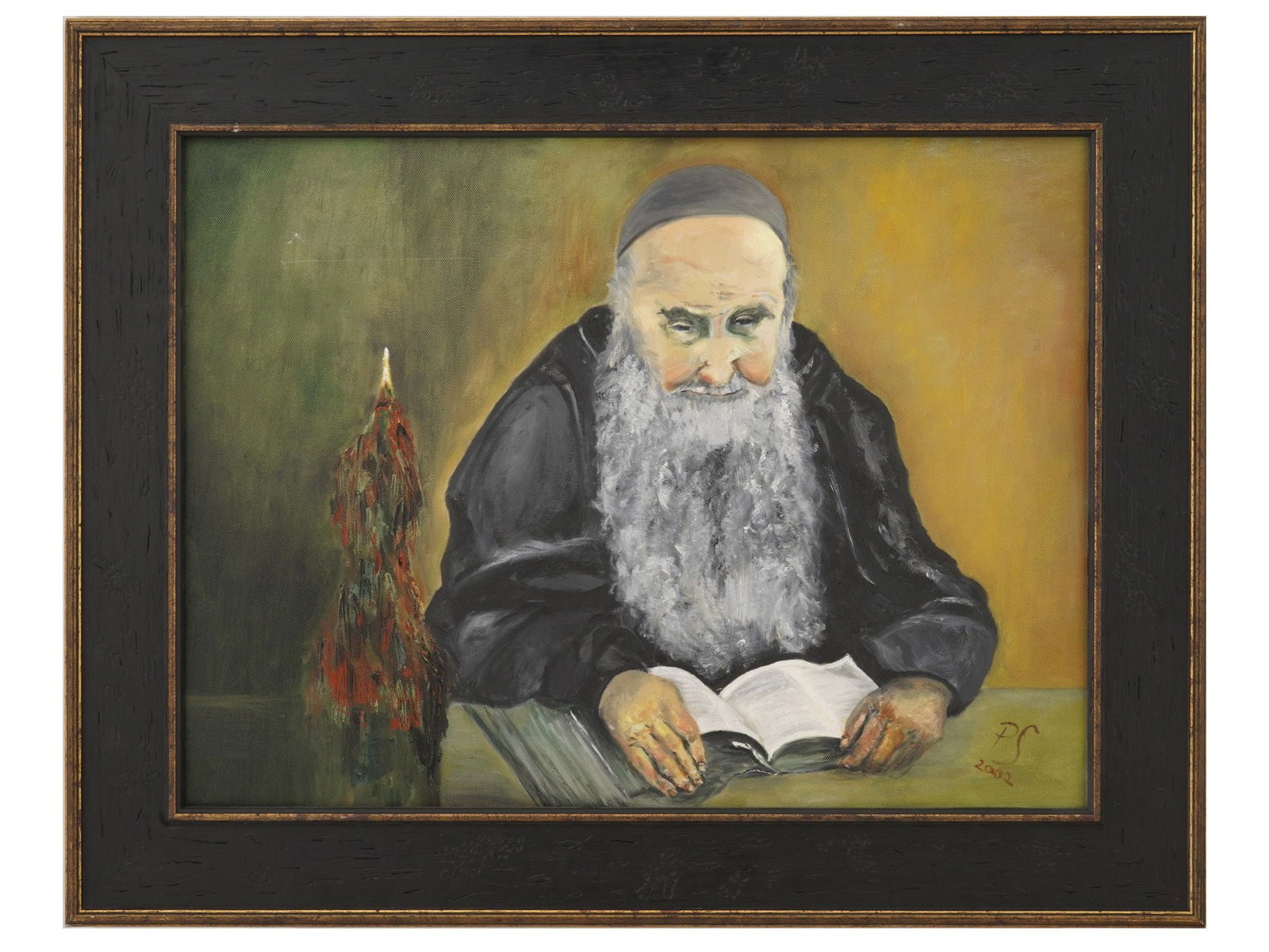 JUDAICA PAINTING TEACHER SIGNED PETER SOLOMONS: A Judaica oil painting on canvas titled The Teacher depicting an elderly Jewish scholar absorbed in reading beside a candle-lit table. Signed P.S. for Peter Solomons and dated 2002 lower right. Inscri