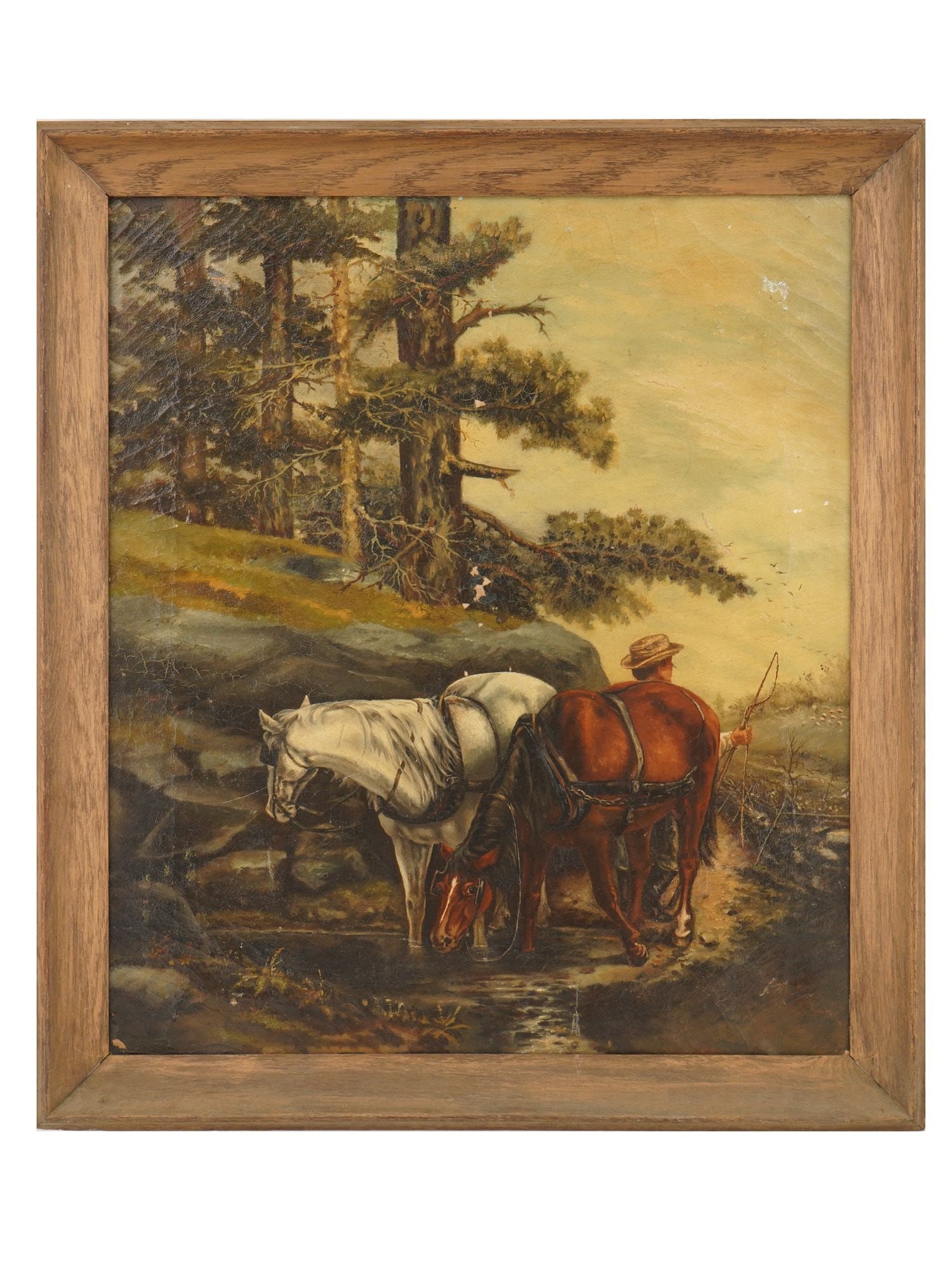 MID CENTURY LANDSCAPE OIL PAINTING COUNTRYSIDE SCENE: A mid-century landscape oil painting on canvas depicting a rustic countryside scene with two draft horses and their handler beside a stream. The composition is set among towering trees and rocky terra