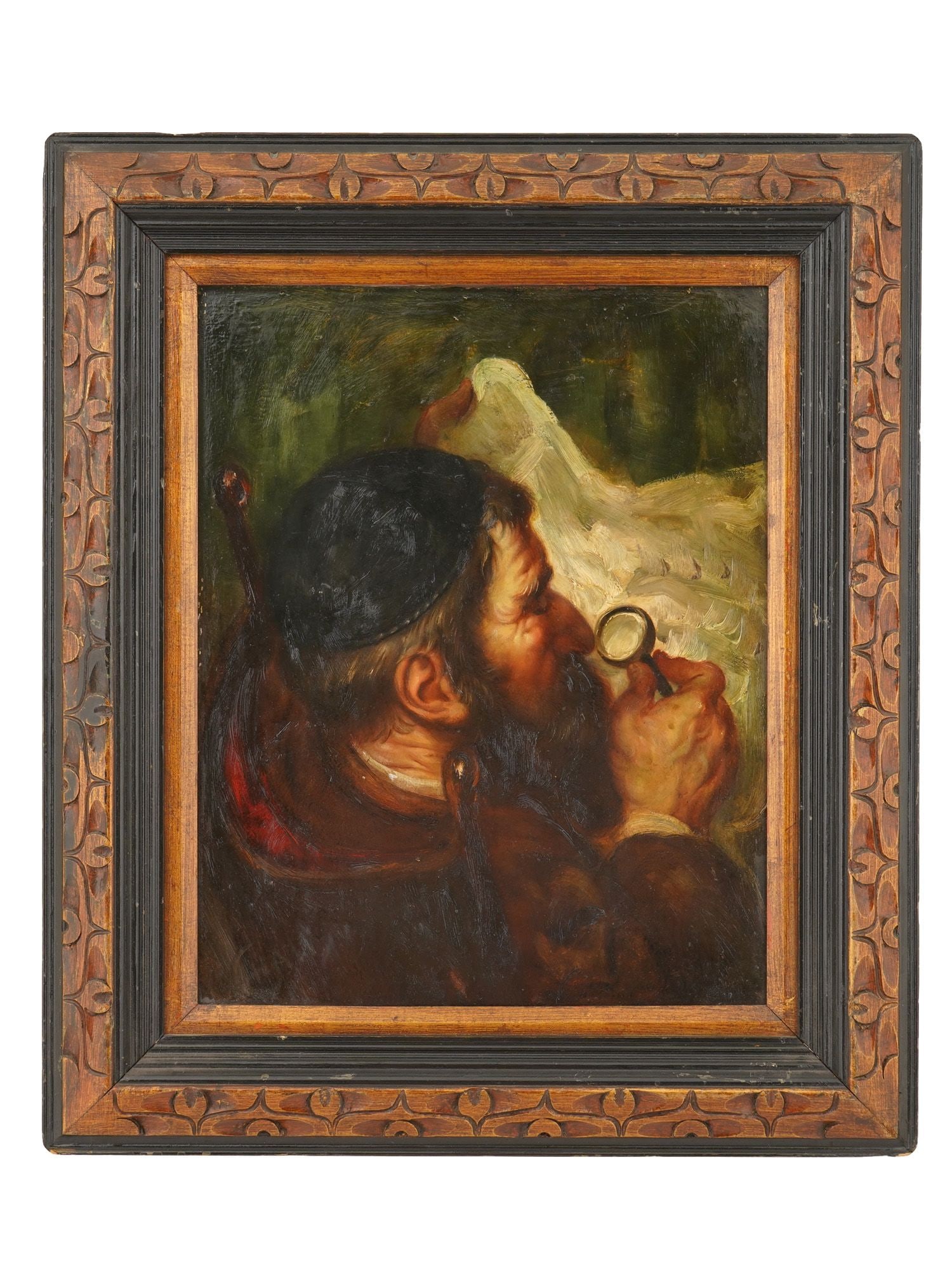 MID CENTURY JUDAICA PORTRAIT PAINTING JEWISH SCHOLAR: A mid-century Judaica portrait oil painting on masonite depicting an elderly Jewish scholar reading a newspaper. Signed. Presented in a carved wooden frame. Mid-Century Judaica Paintings And Art Colle