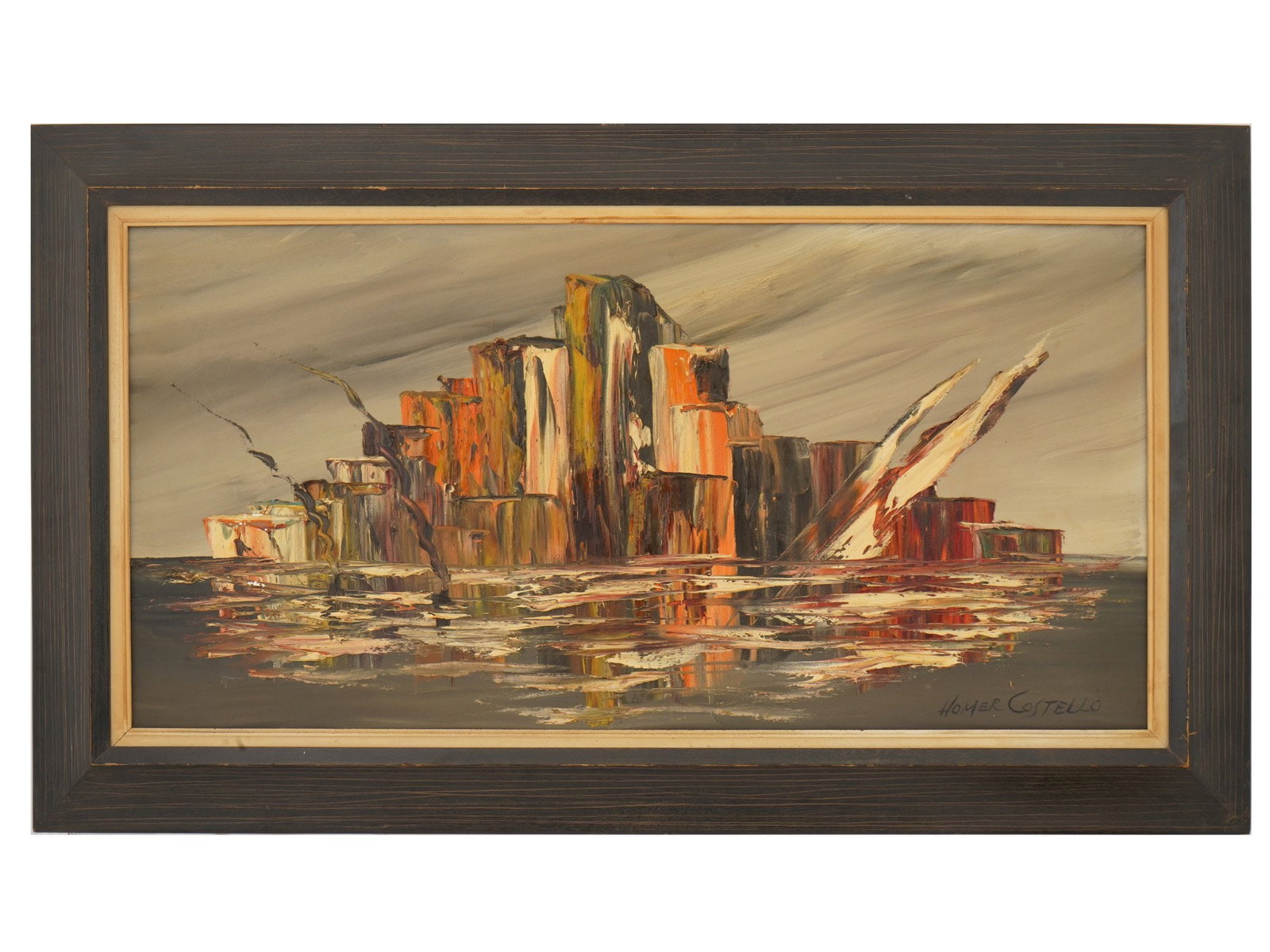 LANDSCAPE OIL PAINTING SIGNED HOMER COSTELLO: An expressionist landscape oil painting on canvas. The composition depicts a dramatic rocky formation rising from reflective waters beneath a moody sky. Signed Homer Costello lower right and presented
