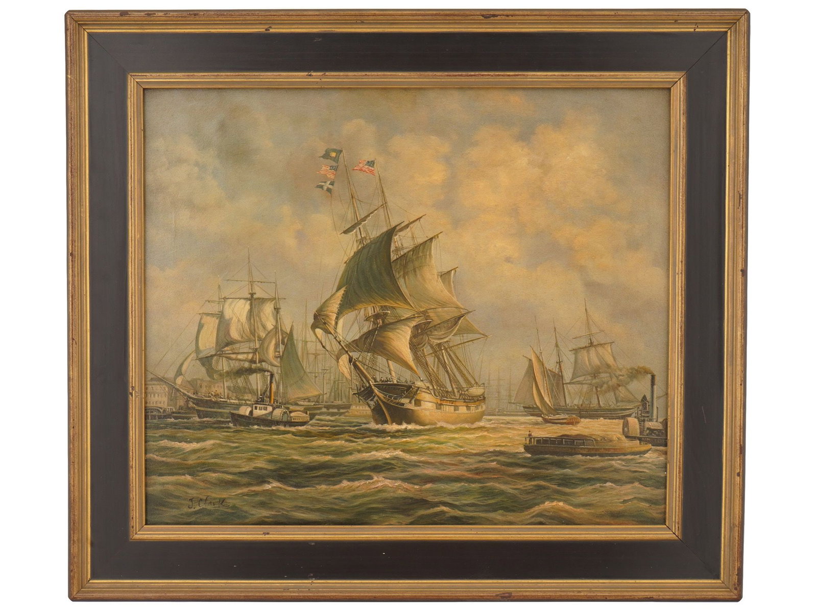 MARITIME OIL PAINTING ON CANVAS SIGNED J. CLARK (1 of 5)
