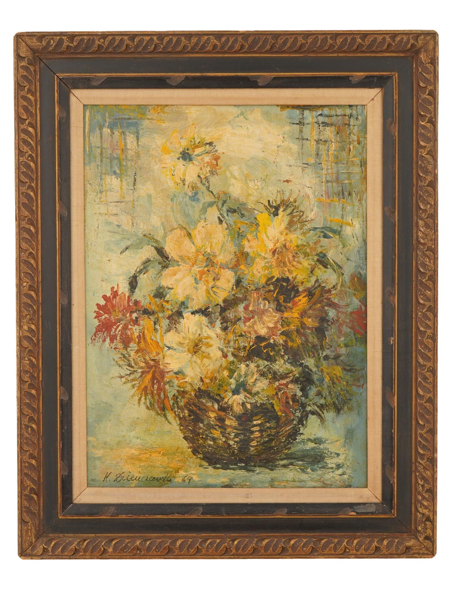 MID CENTURY STILL LIFE OIL PAINTING SIGNED BY ARTIST: A Modernist European School oil painting on canvas depicting a still life with flowers in the Impressionist manner. Signed by the artist and dated 69, lower left. Framed. Modernist and Contemporary Fi