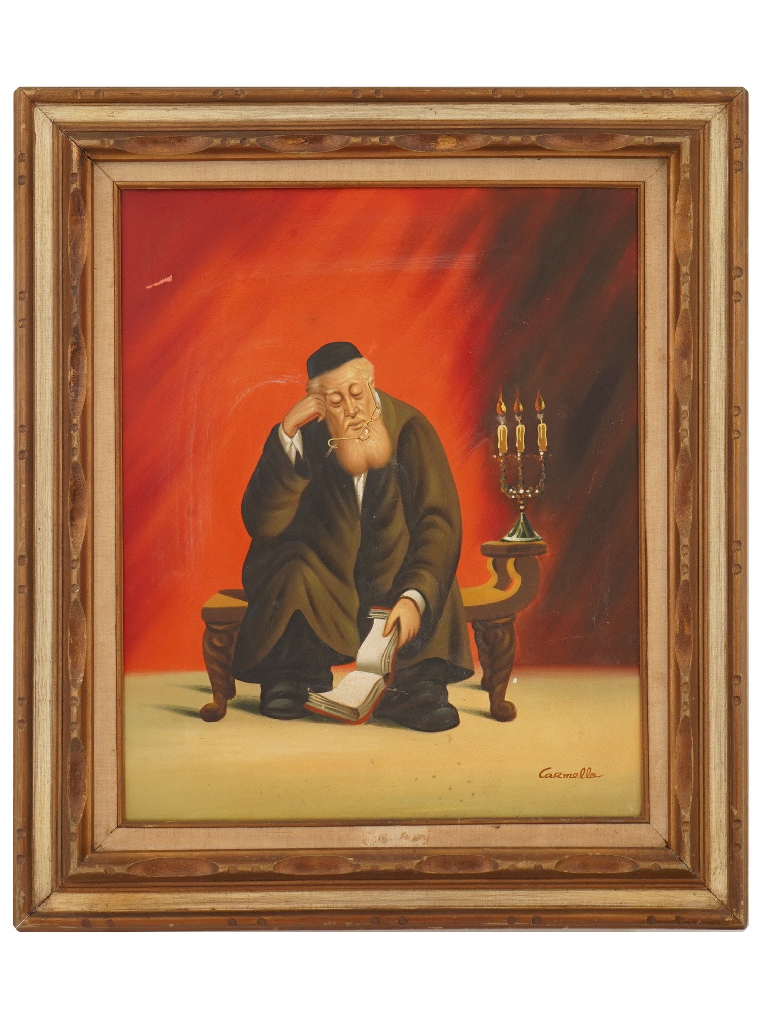 JUDAICA PORTRAIT OIL PAINTING SIGNED BY CARMELLO: A oil painting on canvas depicting a portrait of a seated Jewish scholar or Rabbi in traditional attire. Signed by the artist, Carmello, lower right. Framed. Modernist and Contemporary Fine Art, Judai