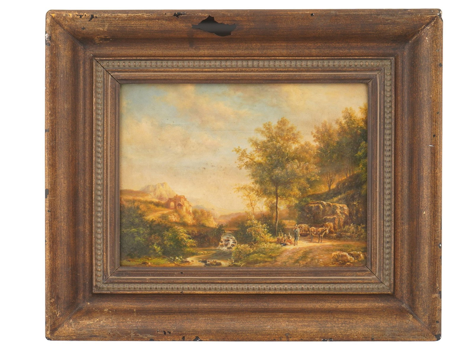 AMERICAN PASTORAL LANDSCAPE OIL PAINTING SIGNED ROSE: An oil painting on board depicting a pastoral scene in a landscape. Signed, G or probably Guy Rose, lower right. Framed. Guy Orlando Rose, 1867 to 1925, was an acclaimed American Impressionist painter