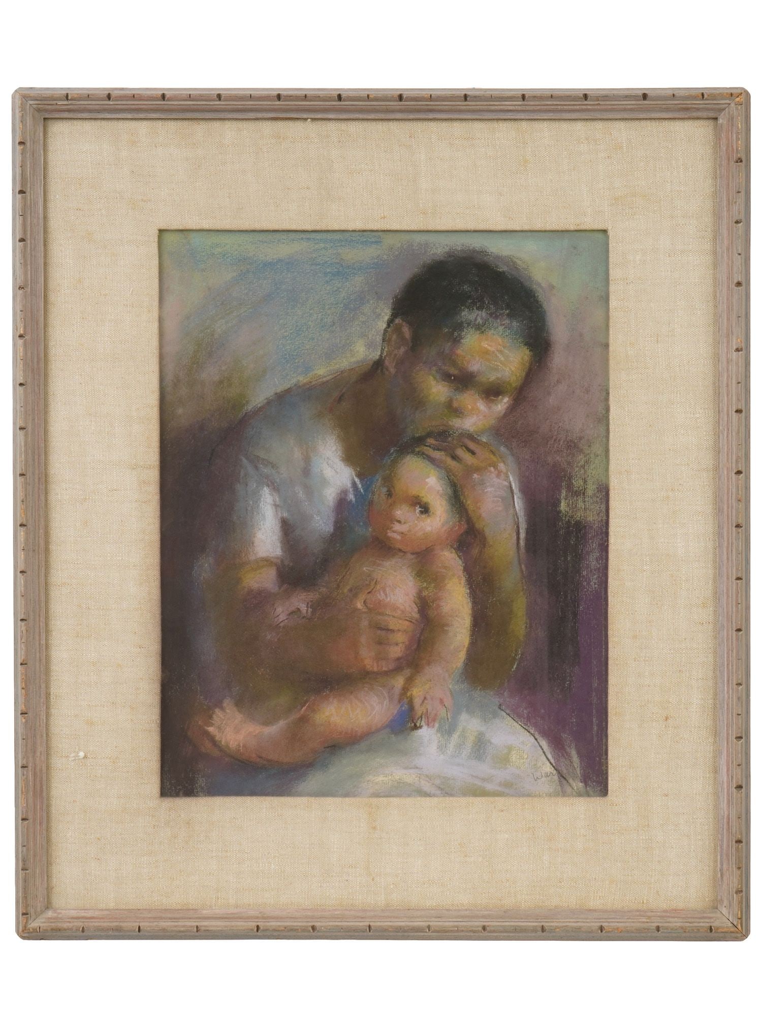 AMERICAN SCHOOL MOTHER CHILD PASTEL PAINTING SIGNED: An American School pastel painting on paper depicting a portrait of a mother and a child. Signed by the artist probably Warren, lower right. Framed. Modernist and Contemporary Fine Art, Female and Kid