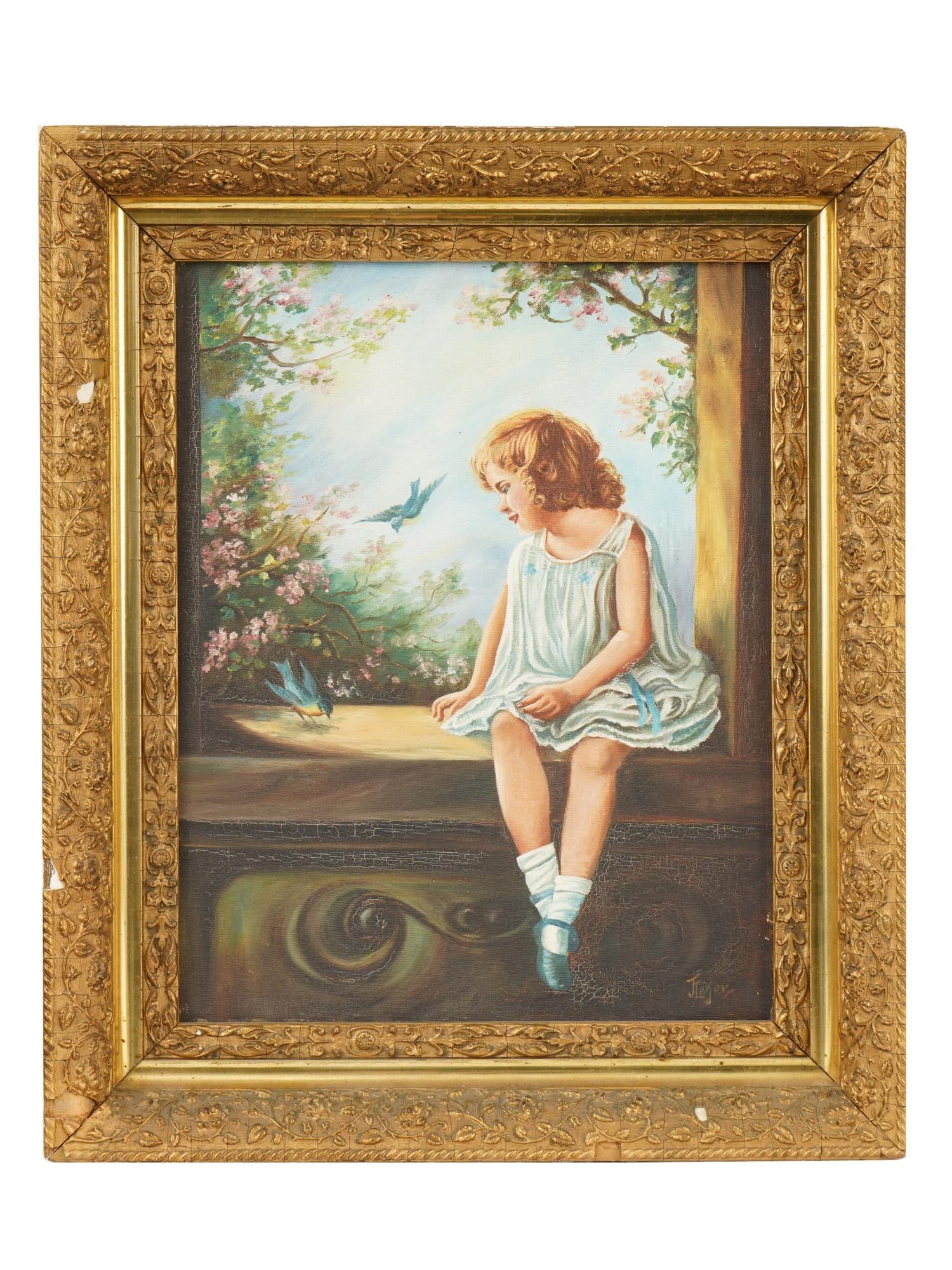 AFTER ZULA KENYON OIL PAINTING BLUEBIRDS BRING HAPPINESS: An oil on canvas painting after Zula Kenyon, 1873 to 1947. The original painting is titled Bluebirds Bring Happiness. Signed lower right. Depicts a young girl with auburn hair seated in a garden, dres